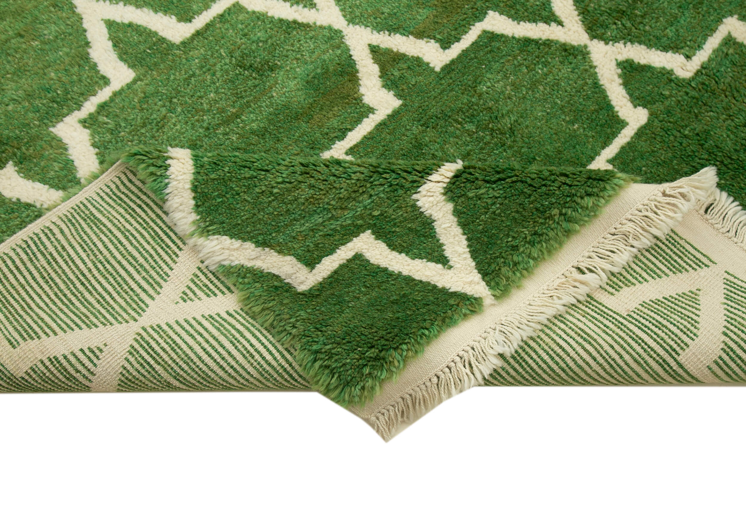 Handmade Wool Cotton Rug - Green Geometric Area Rug | Vintage Turkish Carpet