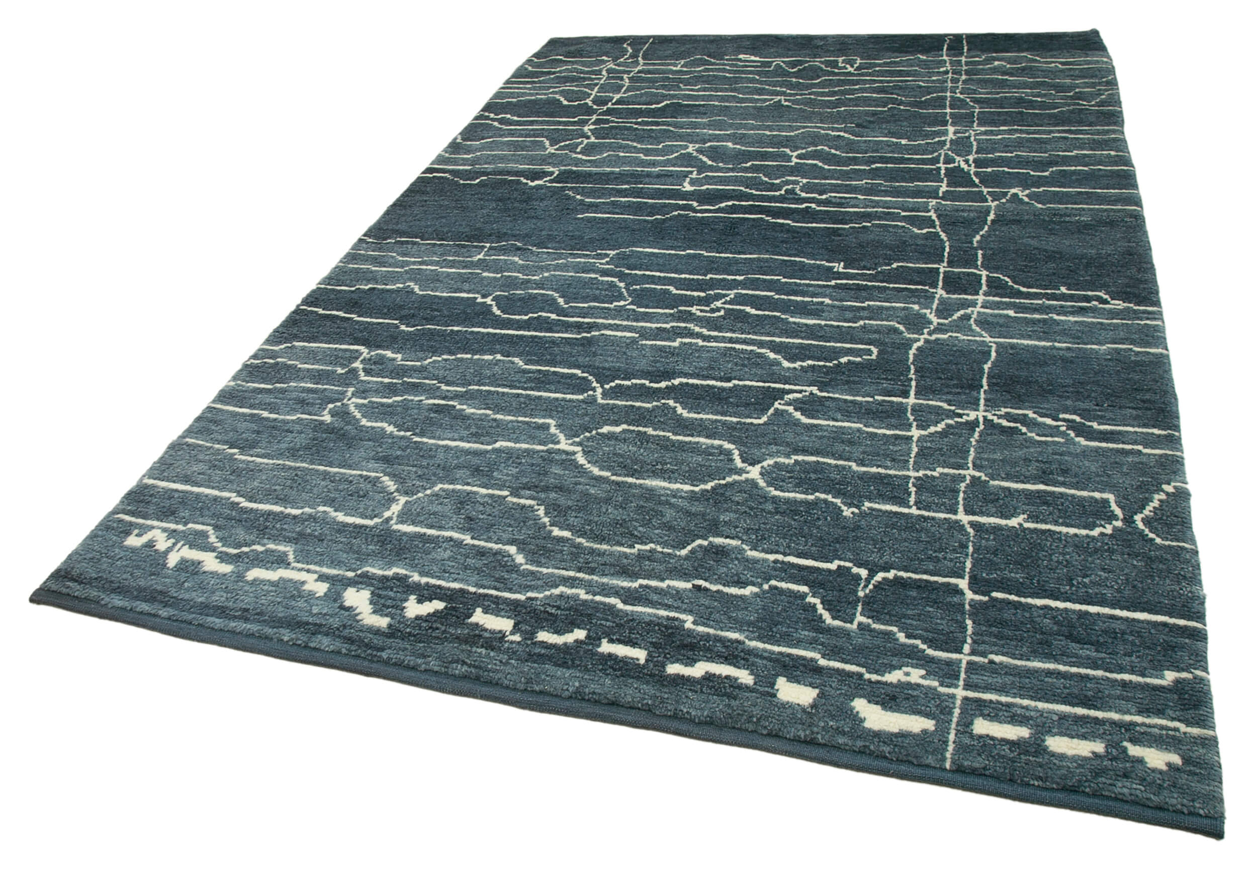 Handmade Wool Cotton Rug | Blue Geometric Vintage Turkish Carpet 6x9 Feet