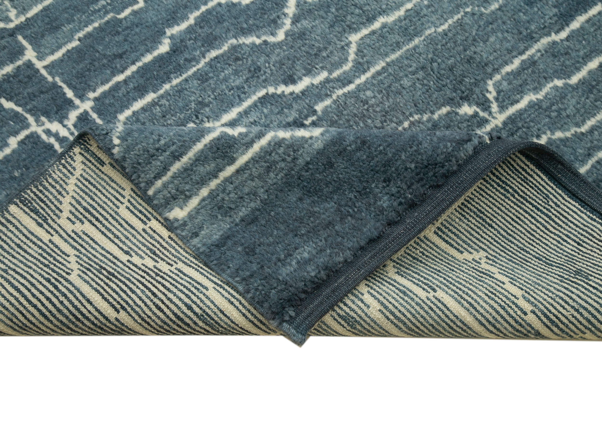 Handmade Wool Cotton Rug | Blue Geometric Vintage Turkish Carpet 6x9 Feet
