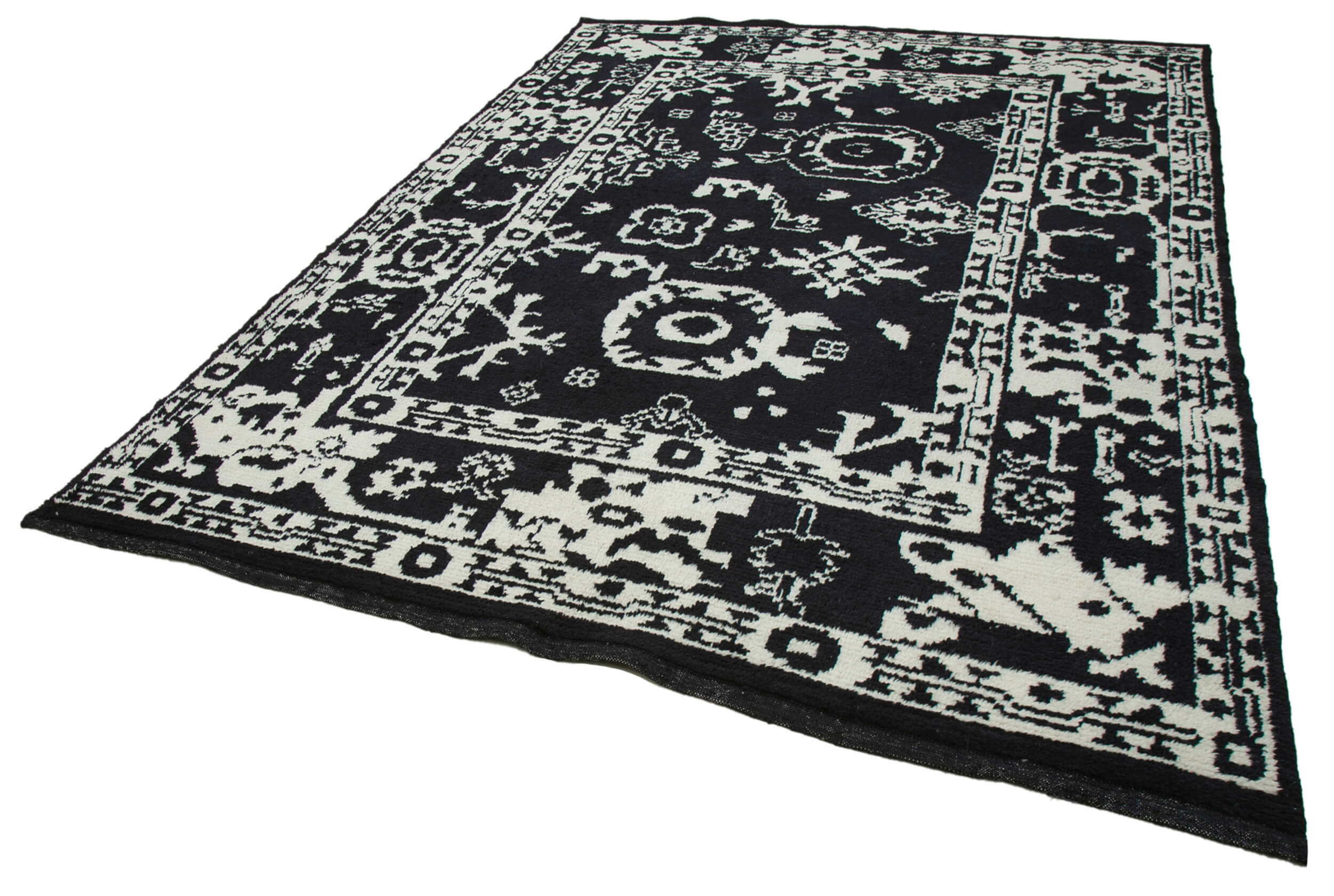 Handmade Wool Cotton Rug – Black Geometric Pattern – Hand Woven Vintage Area Rug 7'6''x10'3''
