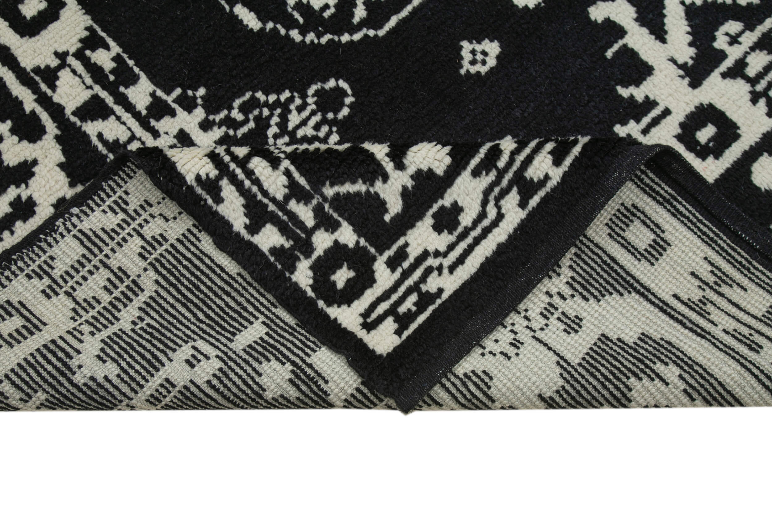 Handmade Wool Cotton Rug – Black Geometric Pattern – Hand Woven Vintage Area Rug 7'6''x10'3''