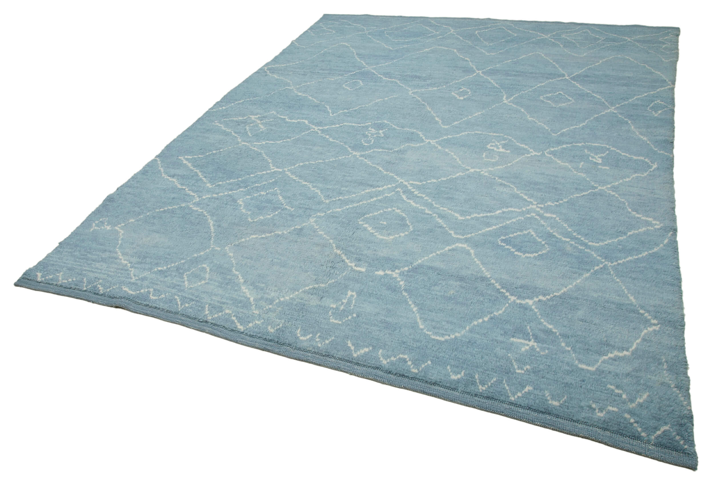 Handmade Wool Cotton Rug – Blue Geometric Area Rug, Soft Wool Carpet 7'8''x10'3''