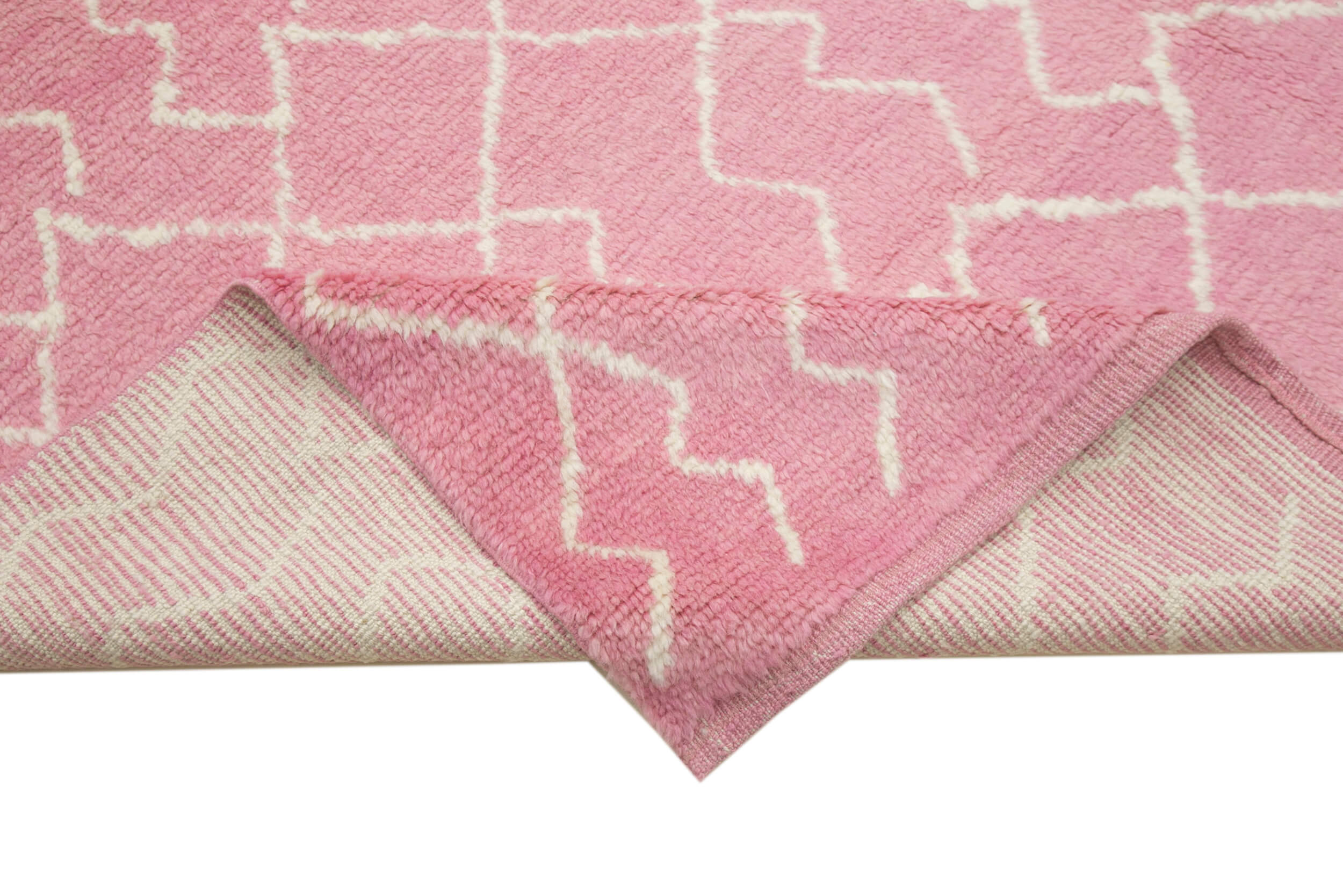 Handmade Wool Cotton Rug | Vintage Handwoven Carpet Pink Geometric Bohemian Style Rug