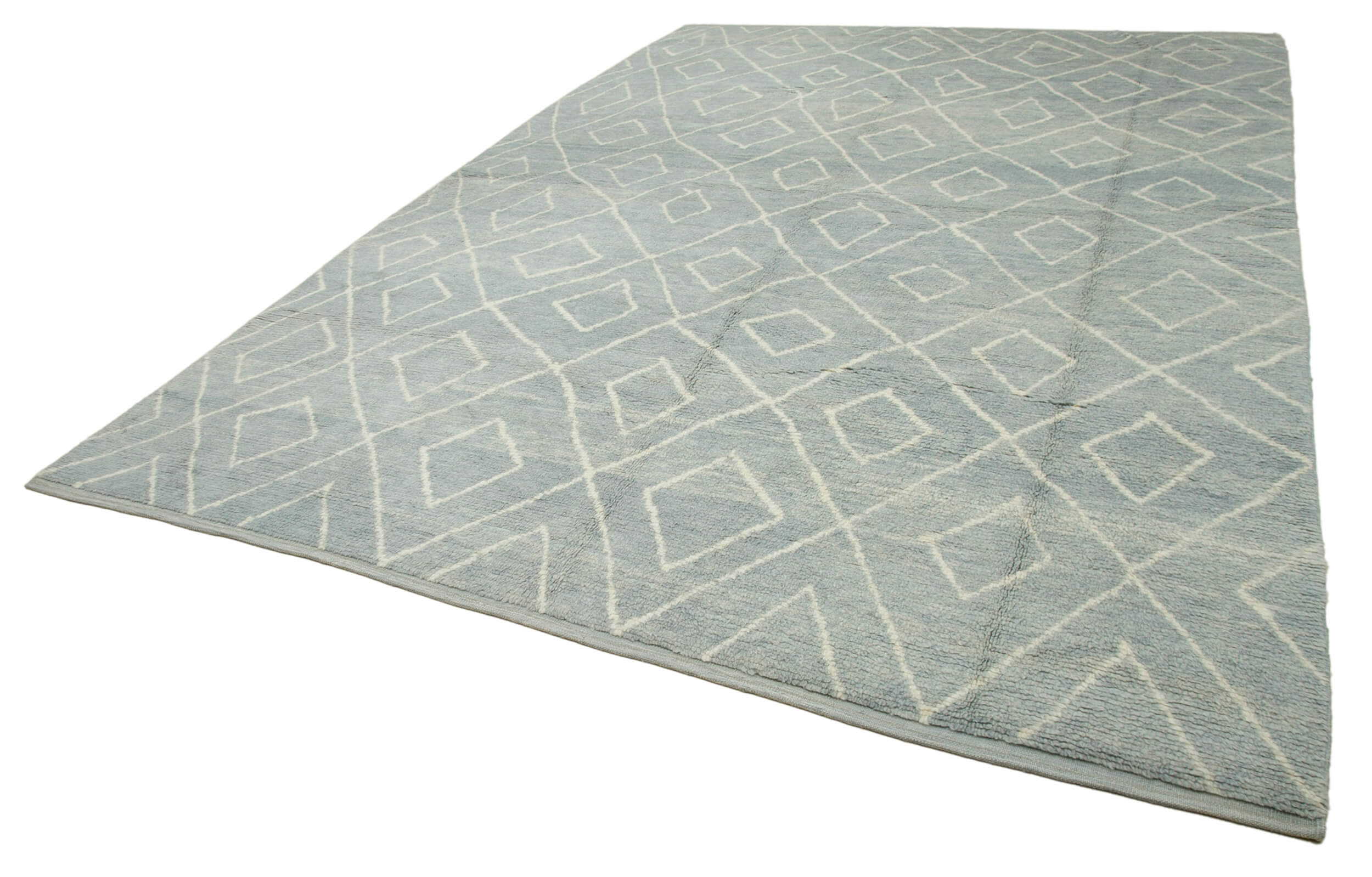 Handmade Wool Cotton Rug - Blue Geometric Pattern Carpet | Large Durable Natural Fiber Rug 9'2''x13'1''