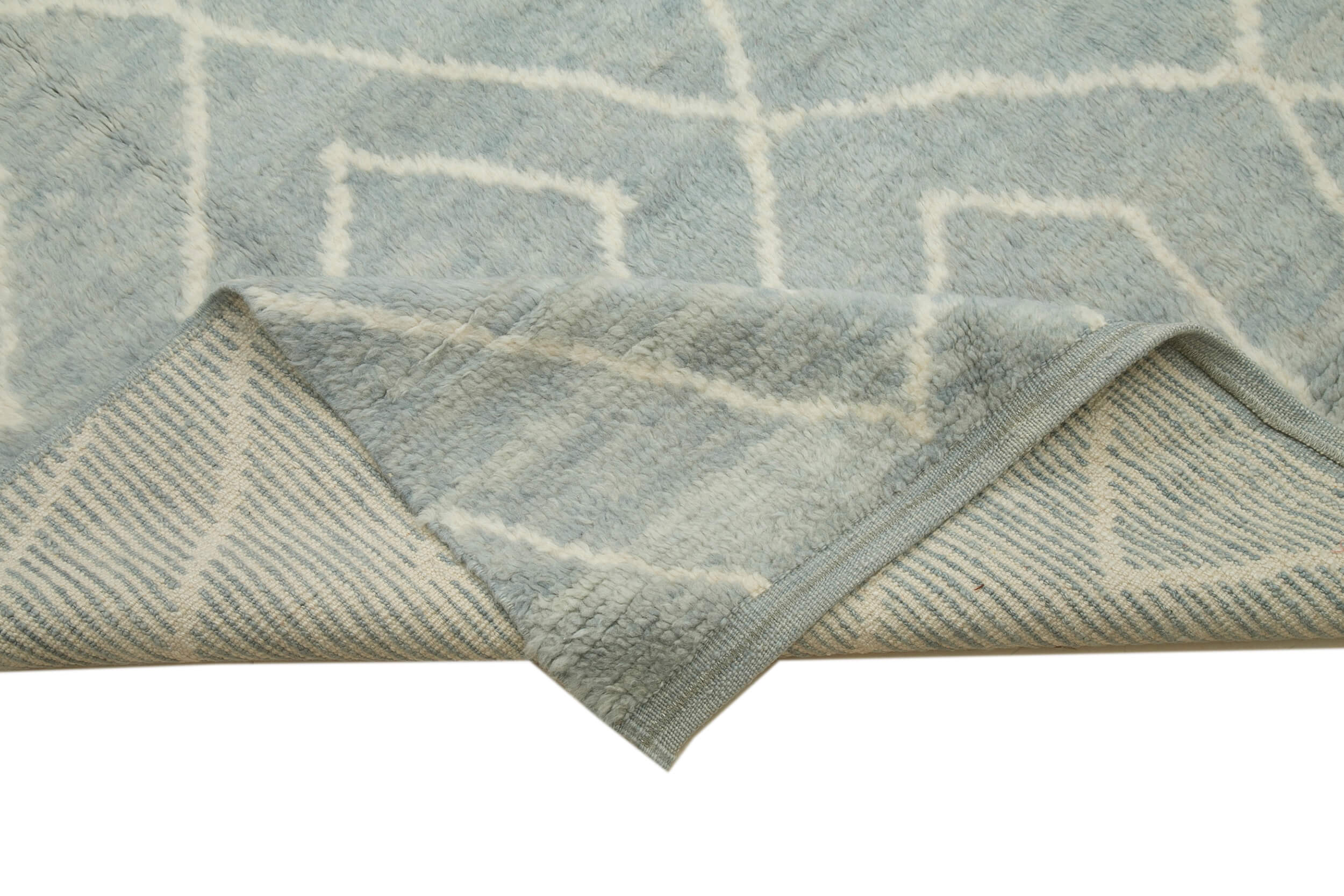 Handmade Wool Cotton Rug - Blue Geometric Pattern Carpet | Large Durable Natural Fiber Rug 9'2''x13'1''