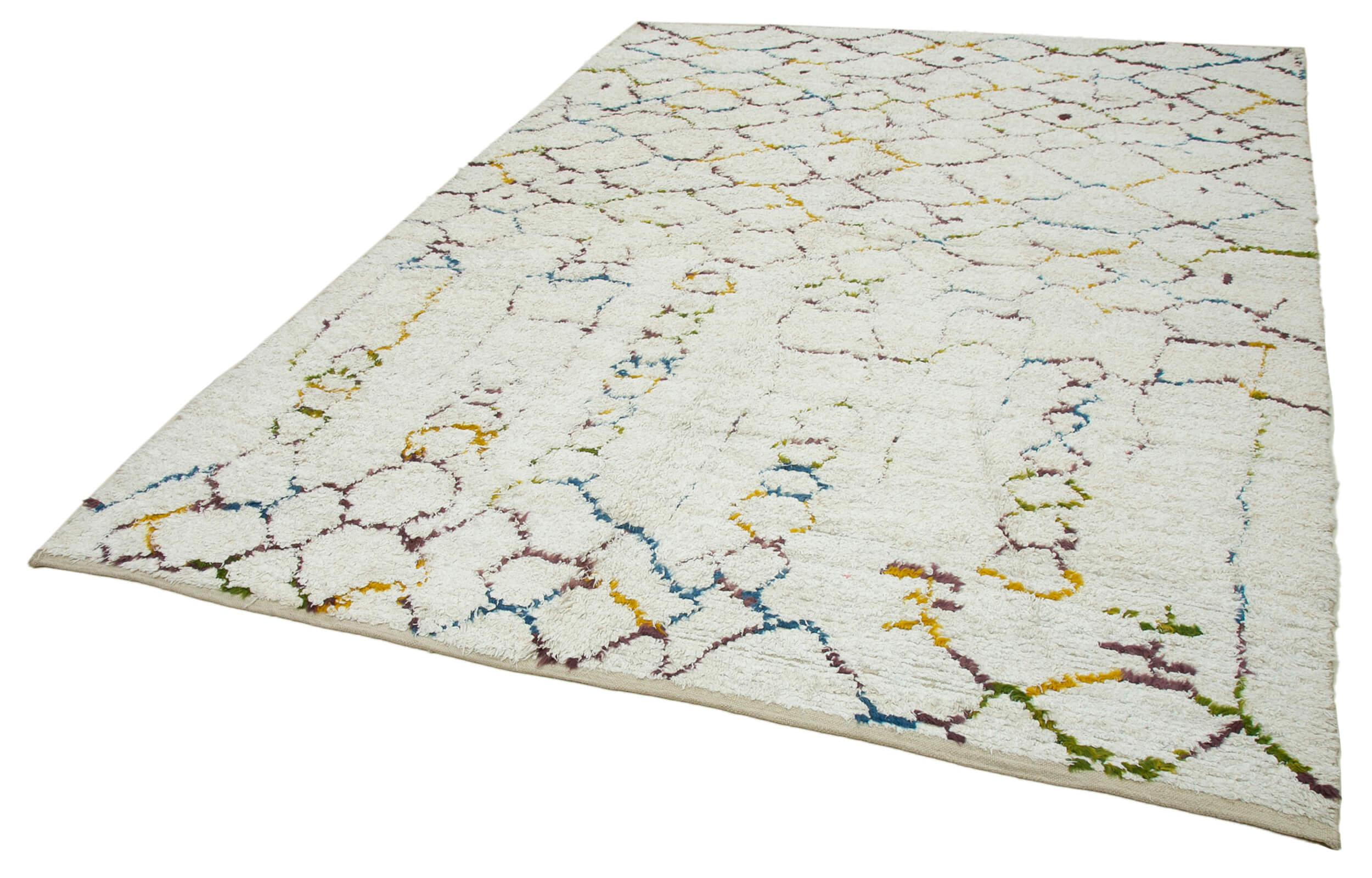 Handmade Wool Cotton Rug – White Geometric Pattern | Durable Wool Blend Area Carpet 7'5''x9'7''