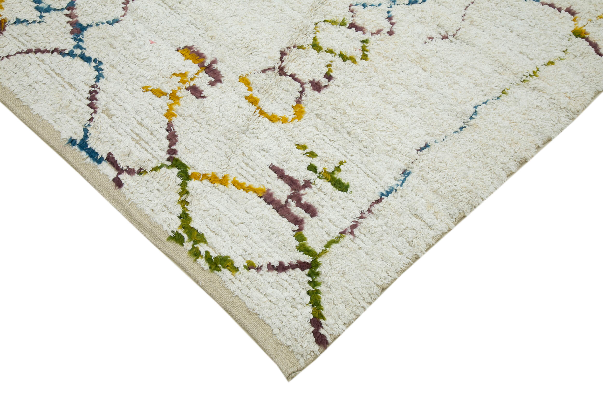 Handmade Wool Cotton Rug – White Geometric Pattern | Durable Wool Blend Area Carpet 7'5''x9'7''