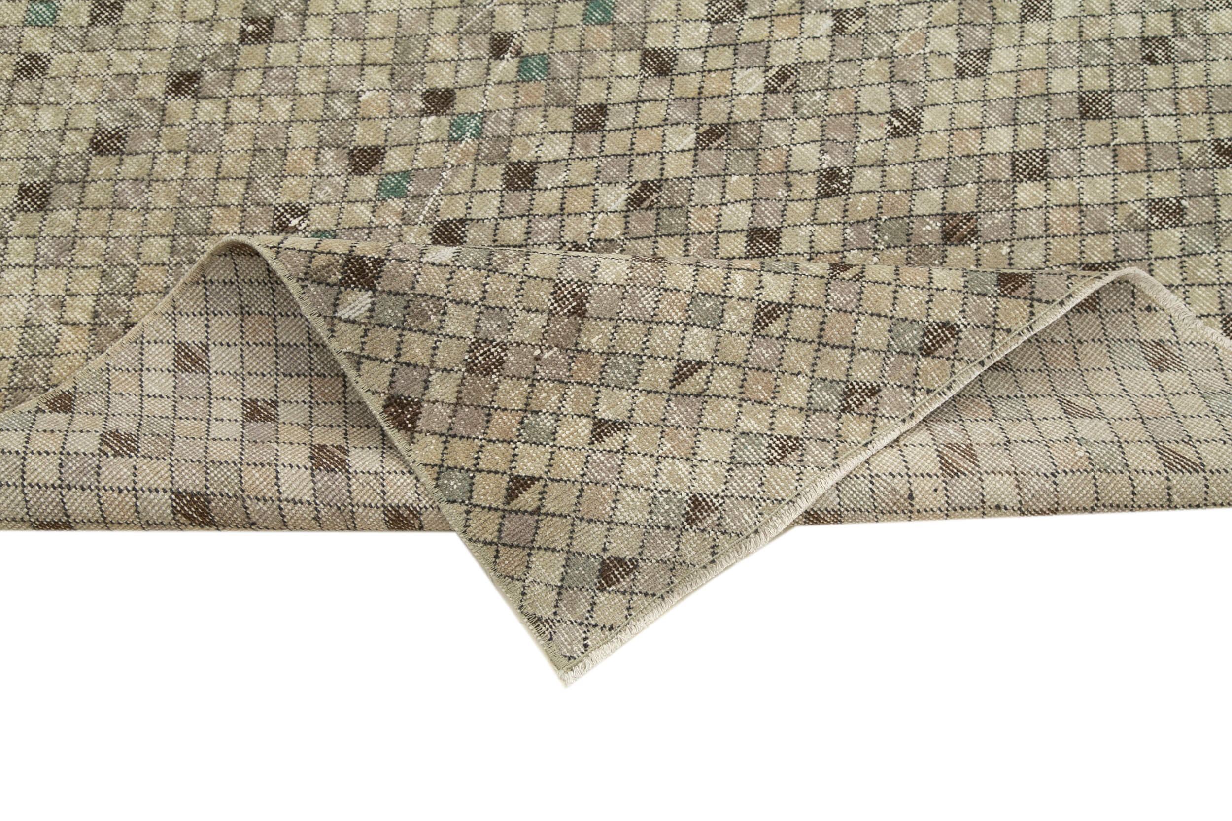 Handmade Area Rug - Checkered Kilim Carpet 4'11"x8'2" Beige Cotton Wool Blend