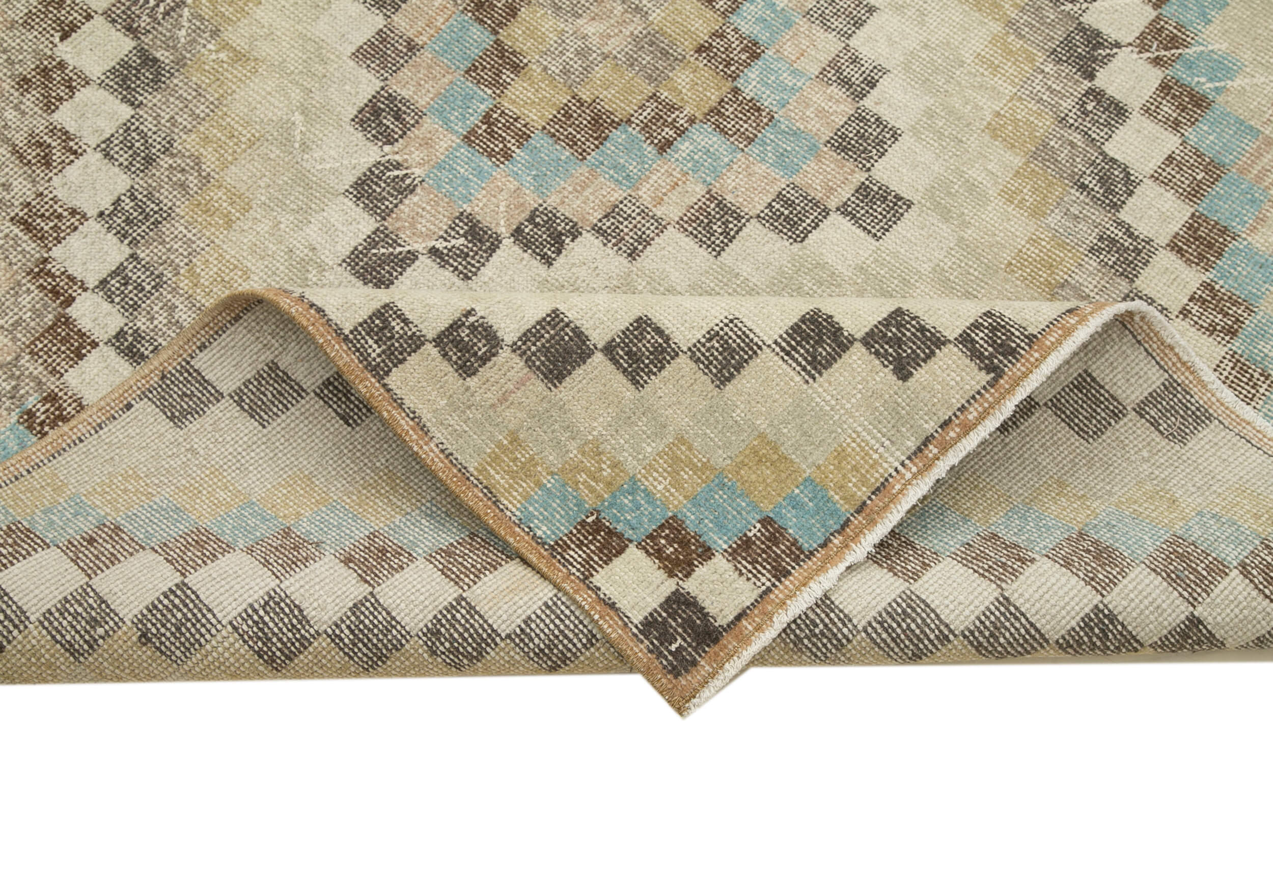 Handmade Area Rug - Checkered Kilim Beige Cotton Wool Vintage Carpet 5'8''x8'10''