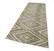 Handmade Area Rug - Beige Geometric Checkered Runner Cotton Wool Carpet 3'8''x11'1''