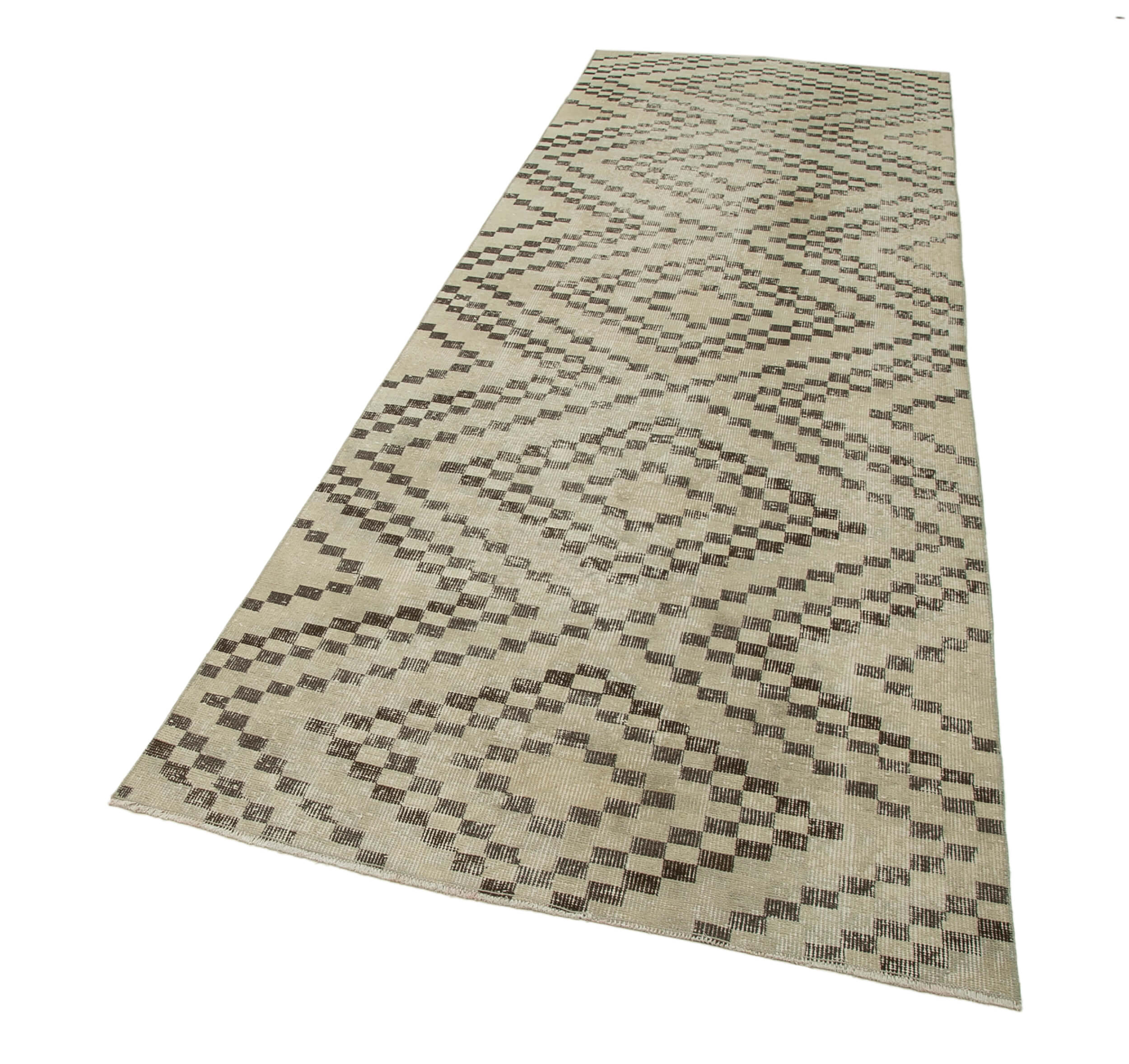 Handmade Area Rug - Beige Geometric Checkered Runner Cotton Wool Carpet 3'8''x11'1''