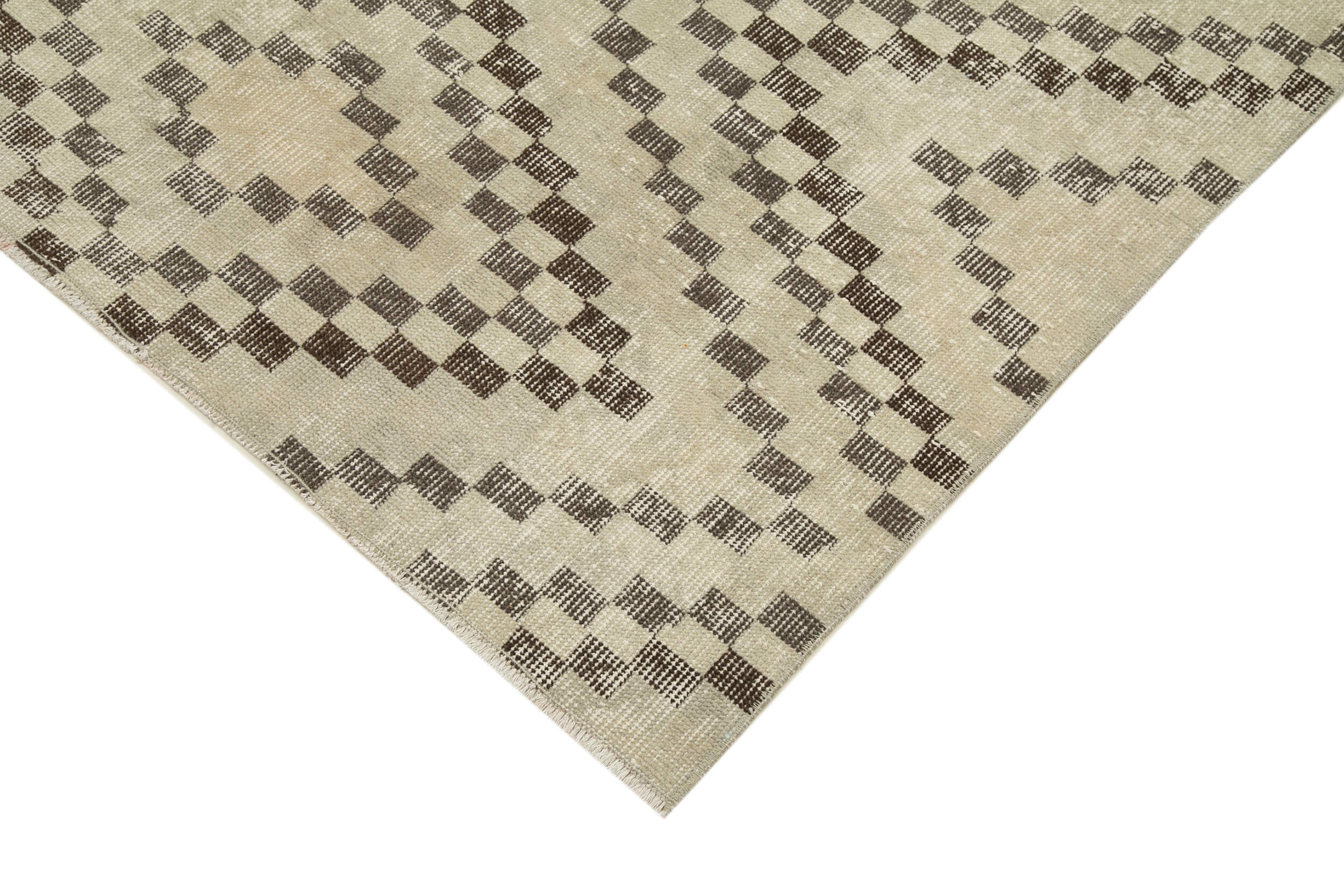 Handmade Area Rug - Beige Geometric Checkered Runner Cotton Wool Carpet 3'8''x11'1''