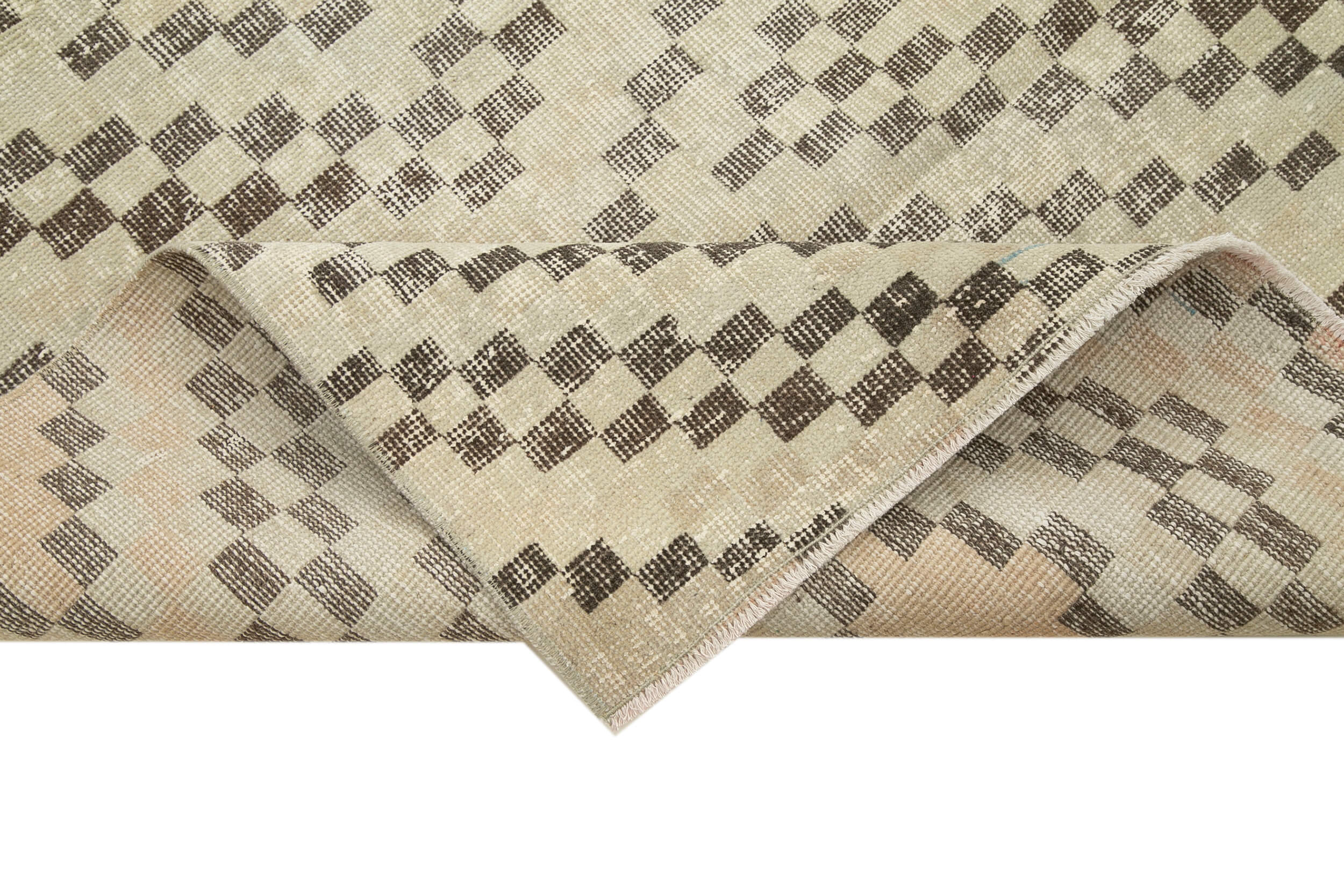 Handmade Area Rug - Beige Geometric Checkered Runner Cotton Wool Carpet 3'8''x11'1''