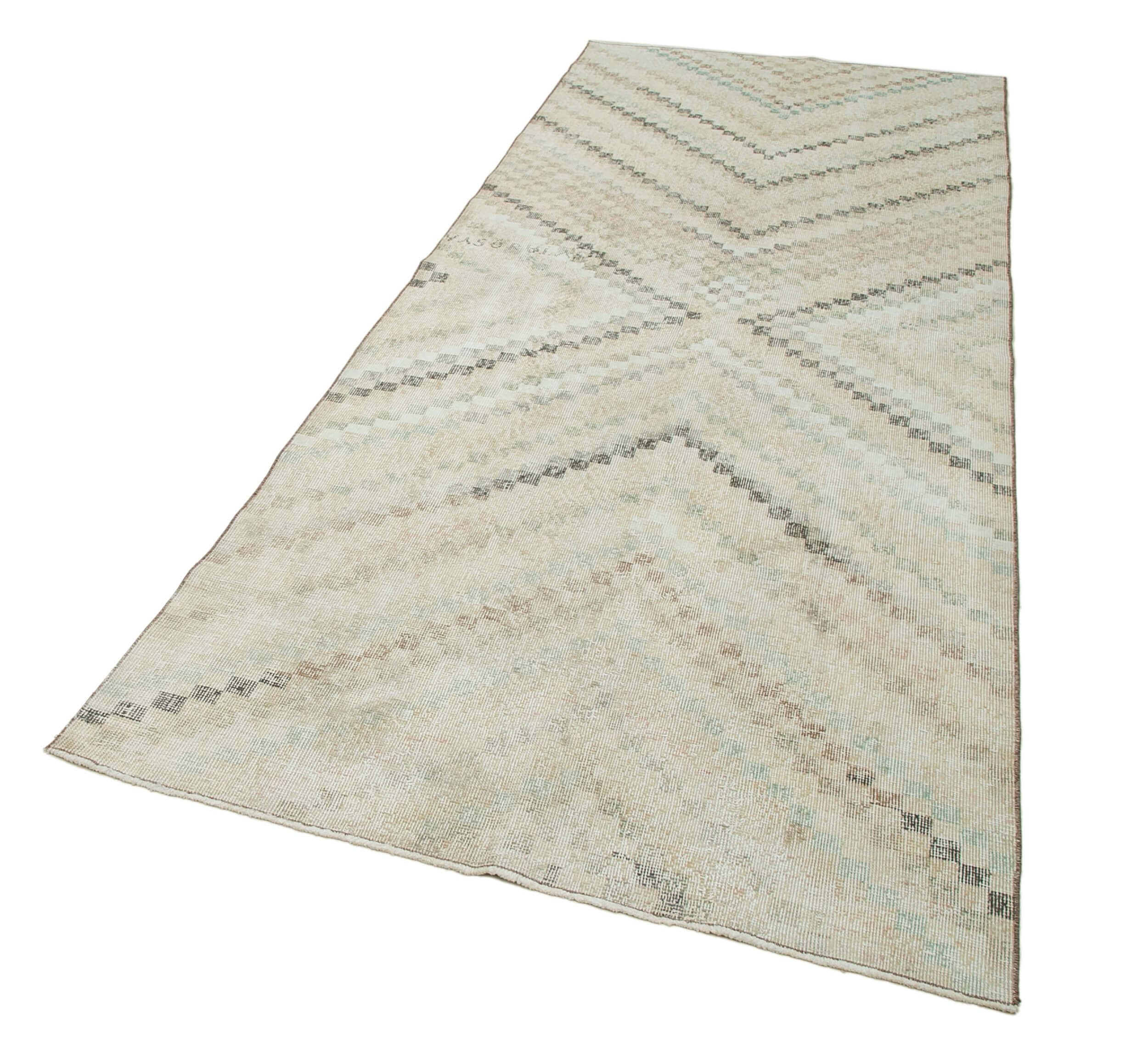 Handmade Area Rug - Checkered Runner Cotton Wool Rug 4'2''x10'5'' Beige Geometric