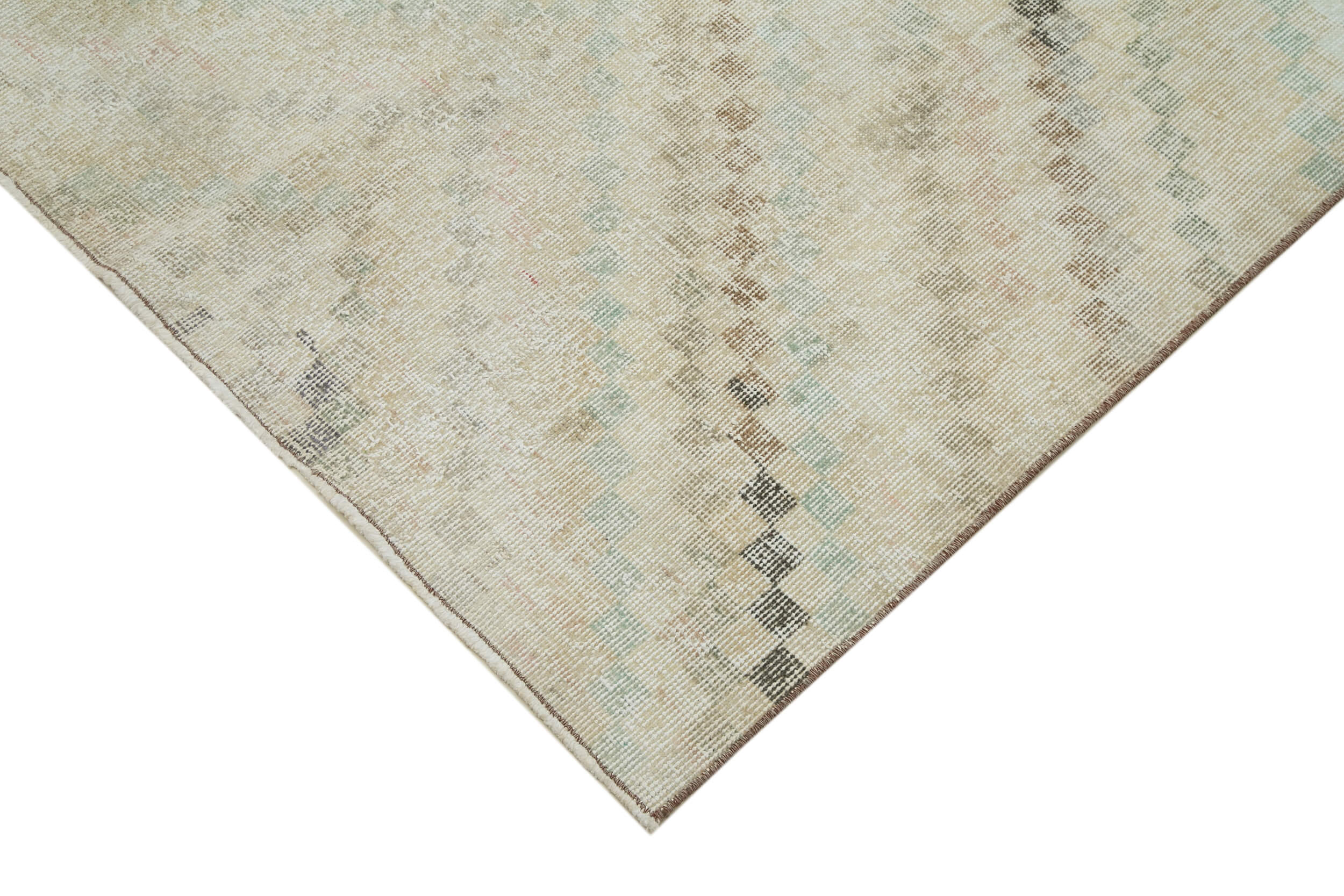 Handmade Area Rug - Checkered Runner Cotton Wool Rug 4'2''x10'5'' Beige Geometric