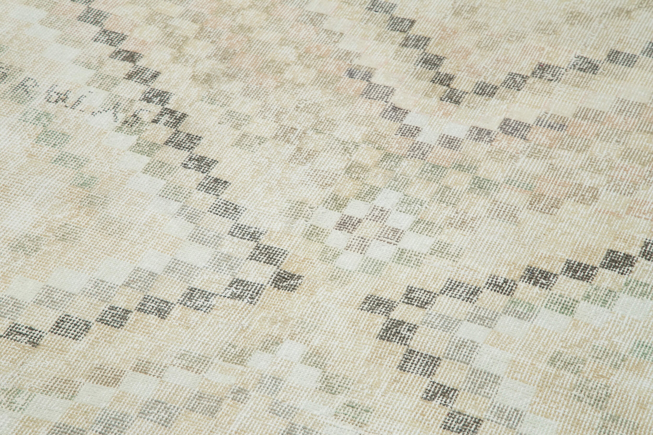Handmade Area Rug - Checkered Runner Cotton Wool Rug 4'2''x10'5'' Beige Geometric