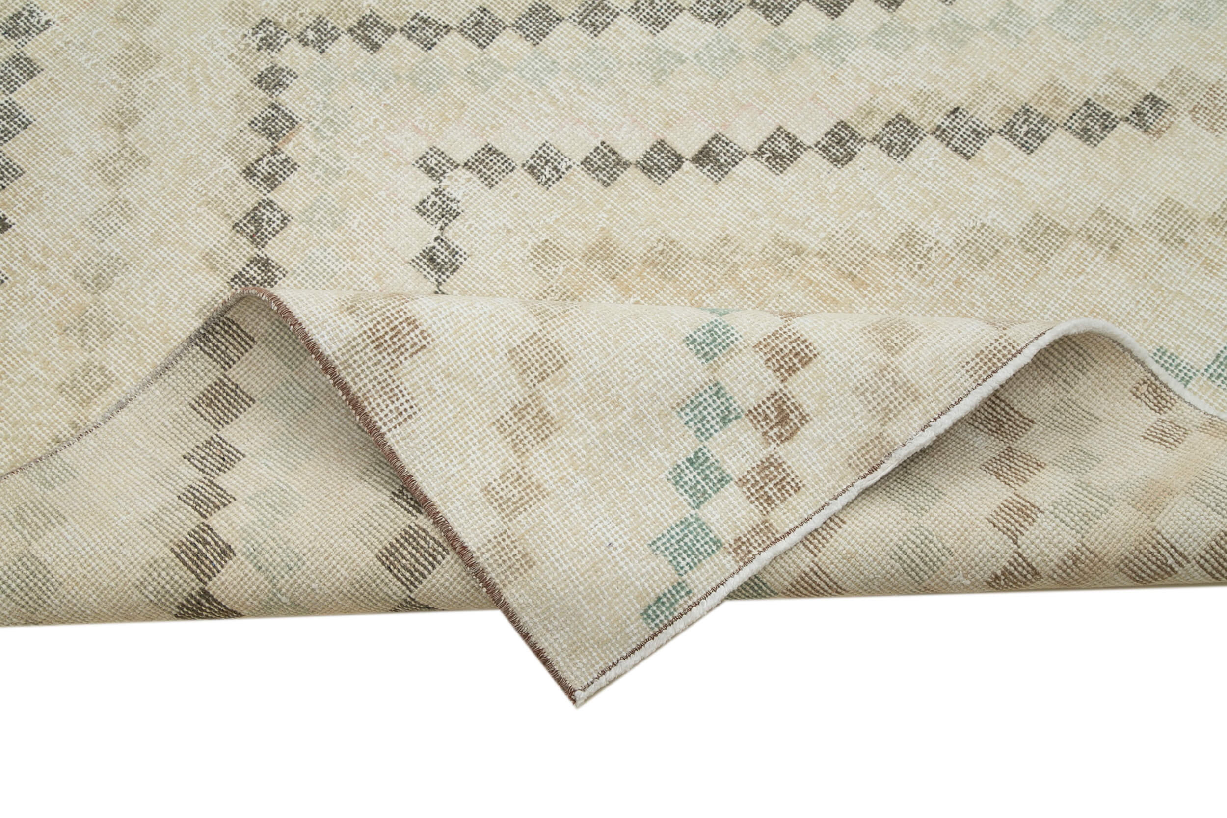 Handmade Area Rug - Checkered Runner Cotton Wool Rug 4'2''x10'5'' Beige Geometric