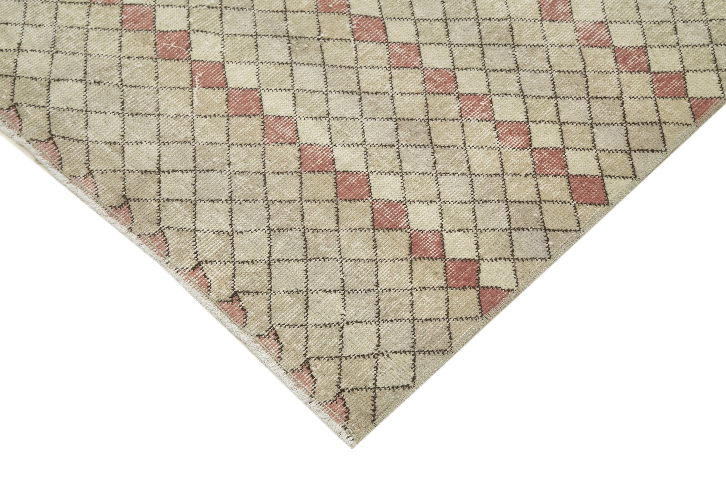 Handmade Area Rug - Checkered Kilim Beige Cotton Wool Durable Turkish Carpet 4'1''x9'2''
