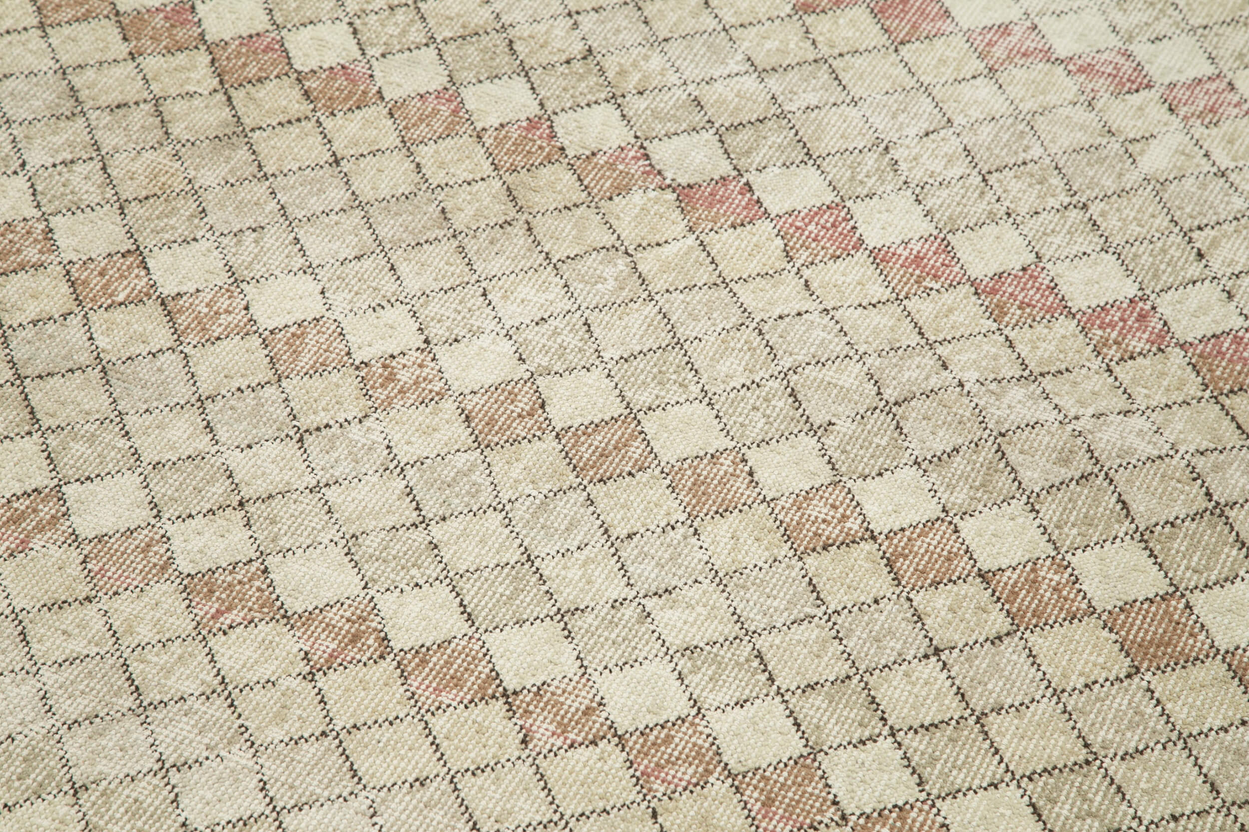 Handmade Area Rug - Checkered Kilim Beige Cotton Wool Durable Turkish Carpet 4'1''x9'2''