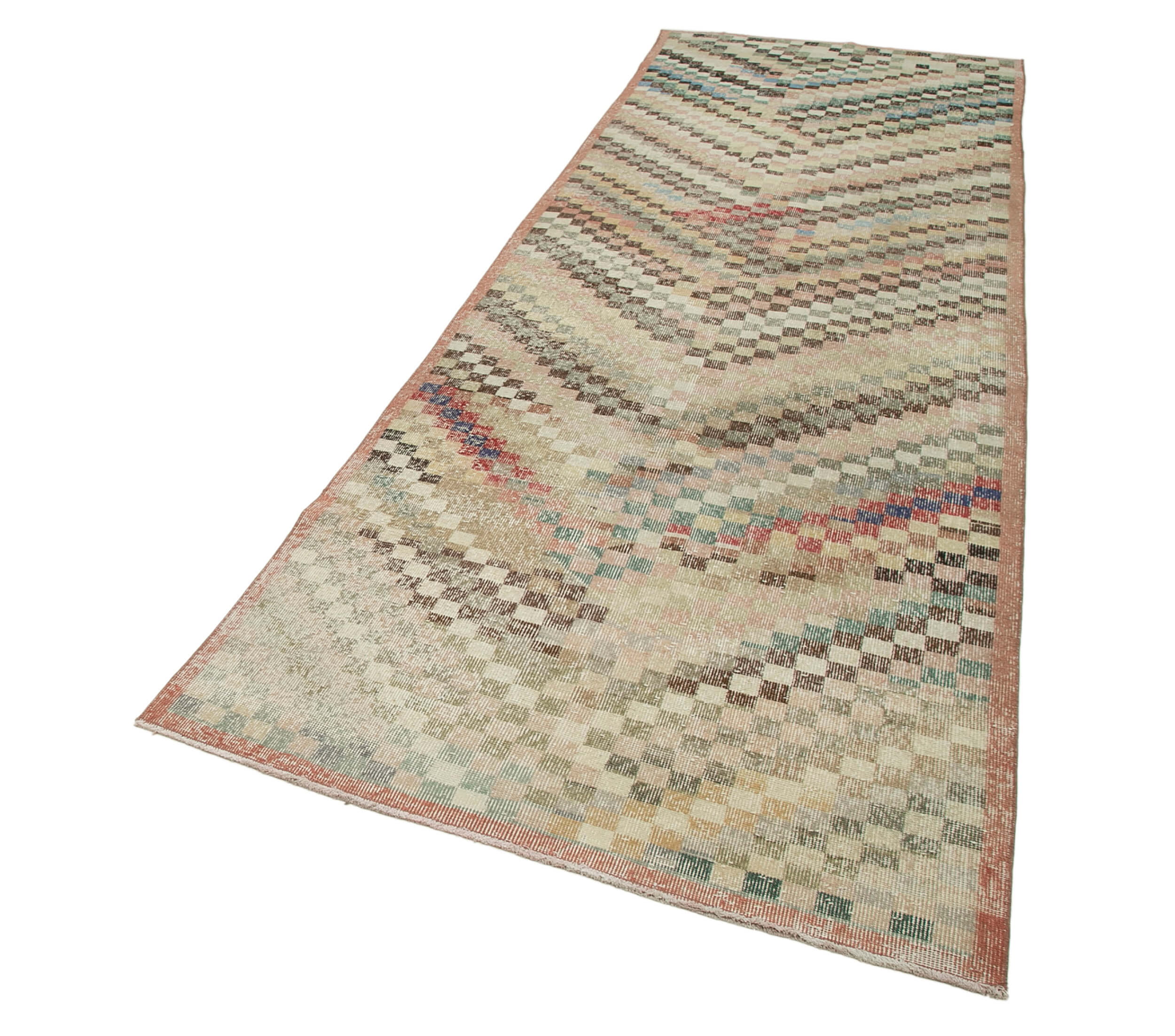 Handmade Cotton Wool Rug - Checkered Geometric Area Rug Runner 3'11'' x 12'2''
