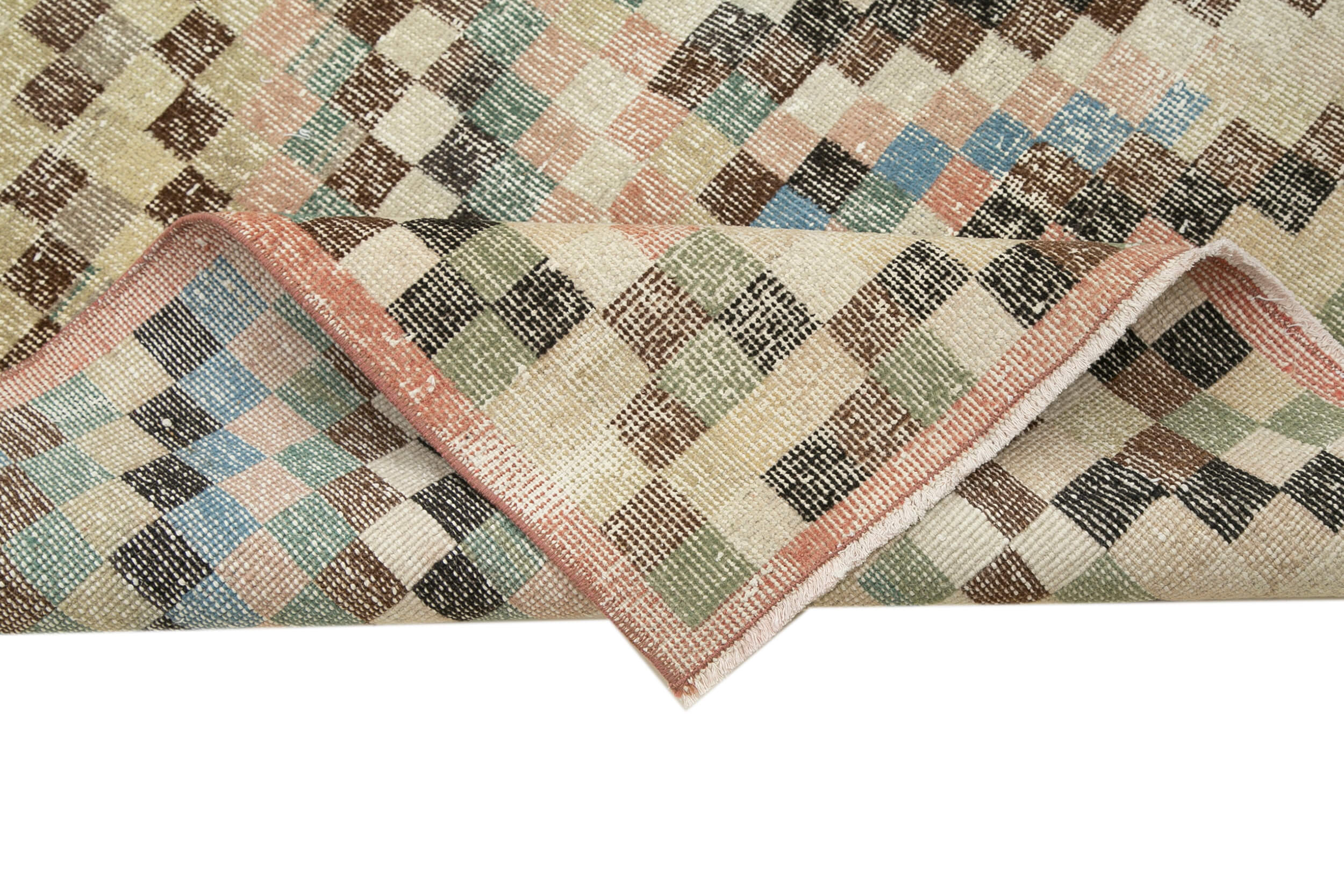 Handmade Cotton Wool Rug - Checkered Geometric Area Rug Runner 3'11'' x 12'2''