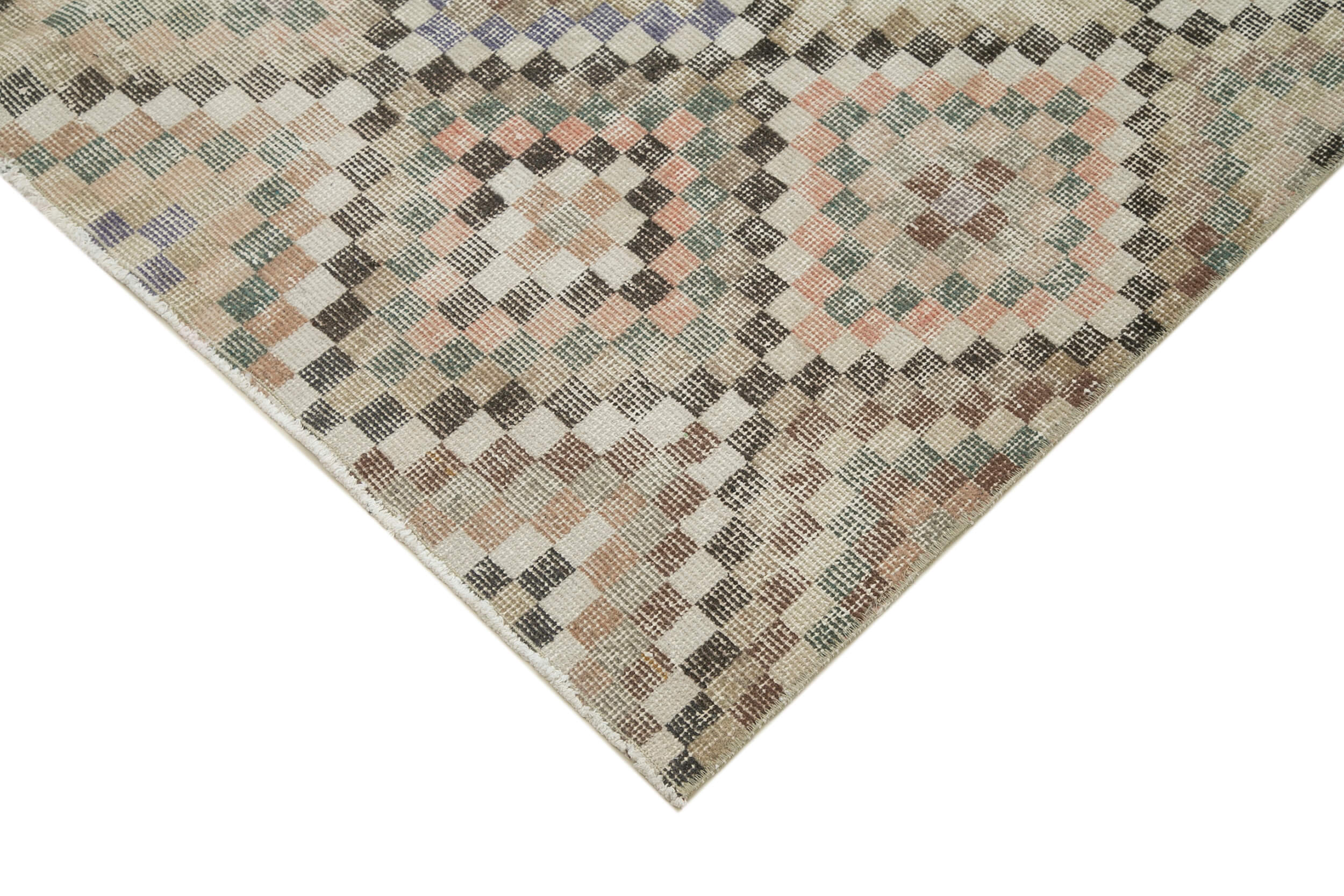 Handmade Area Rug - Checkered Kilim Beige Cotton Wool 5'4" x 8'10" Durable Turkish Carpet