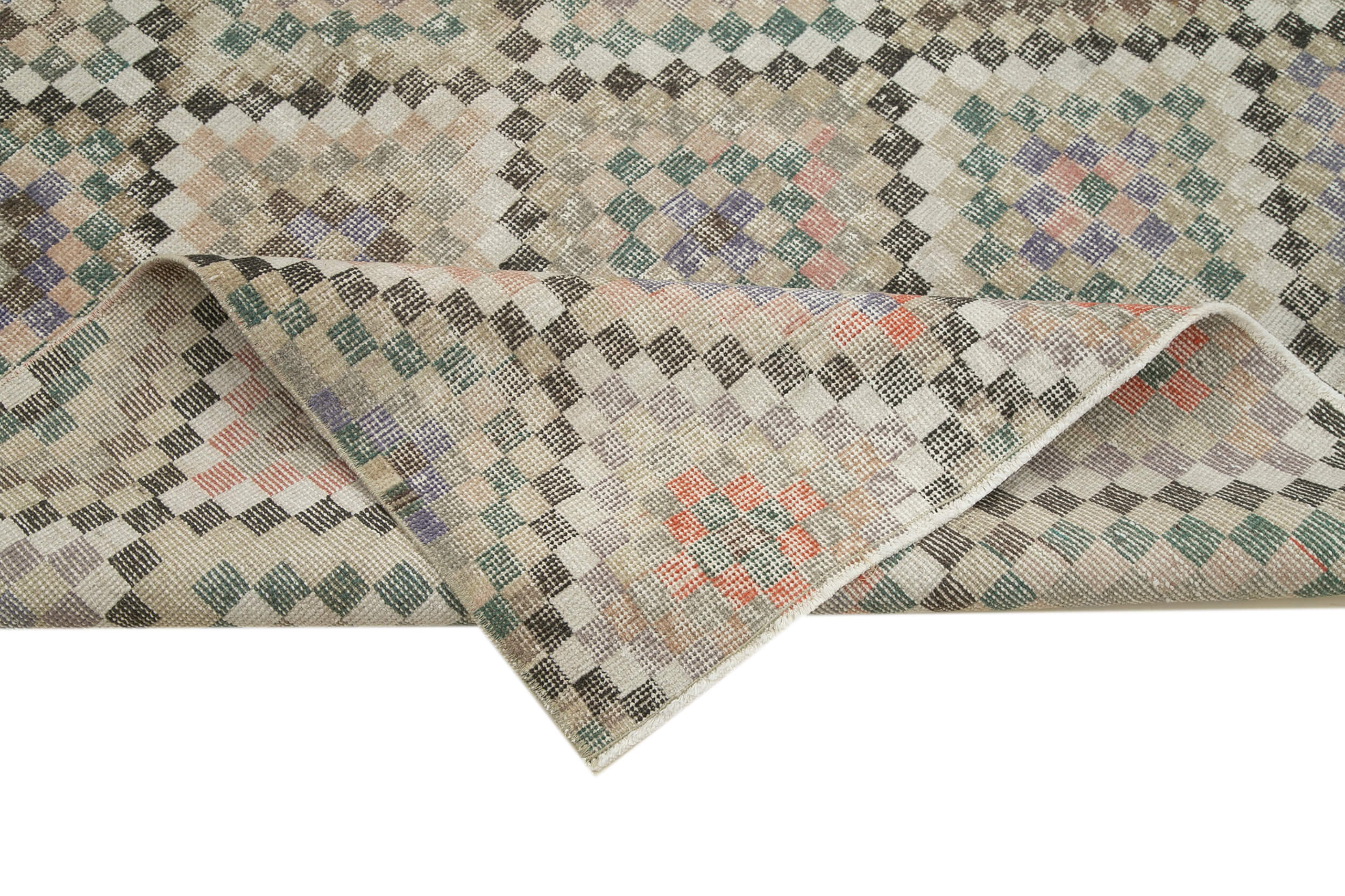 Handmade Area Rug - Checkered Kilim Beige Cotton Wool 5'4" x 8'10" Durable Turkish Carpet