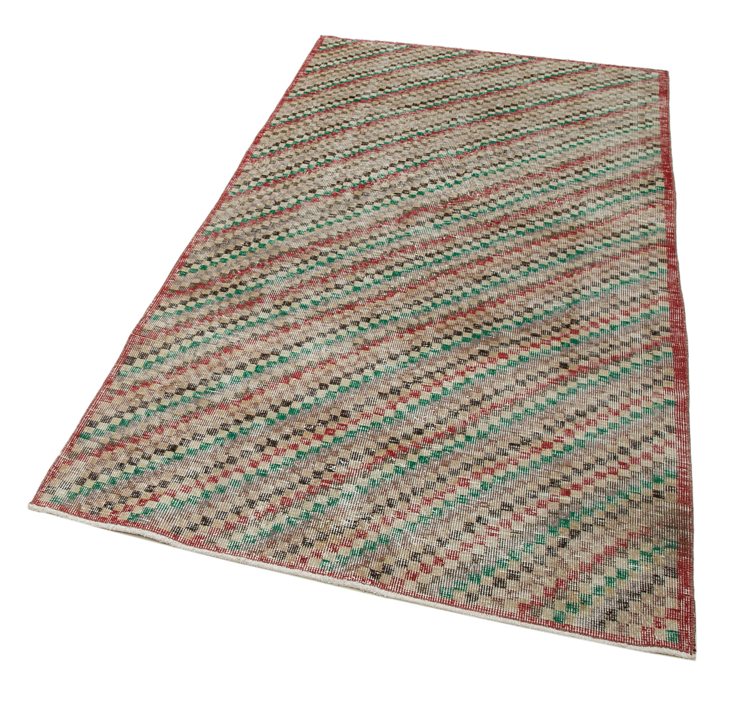 Vintage Wool Area Rug | Turkish Hand Knotted Checkered Red Handmade Cotton Rug