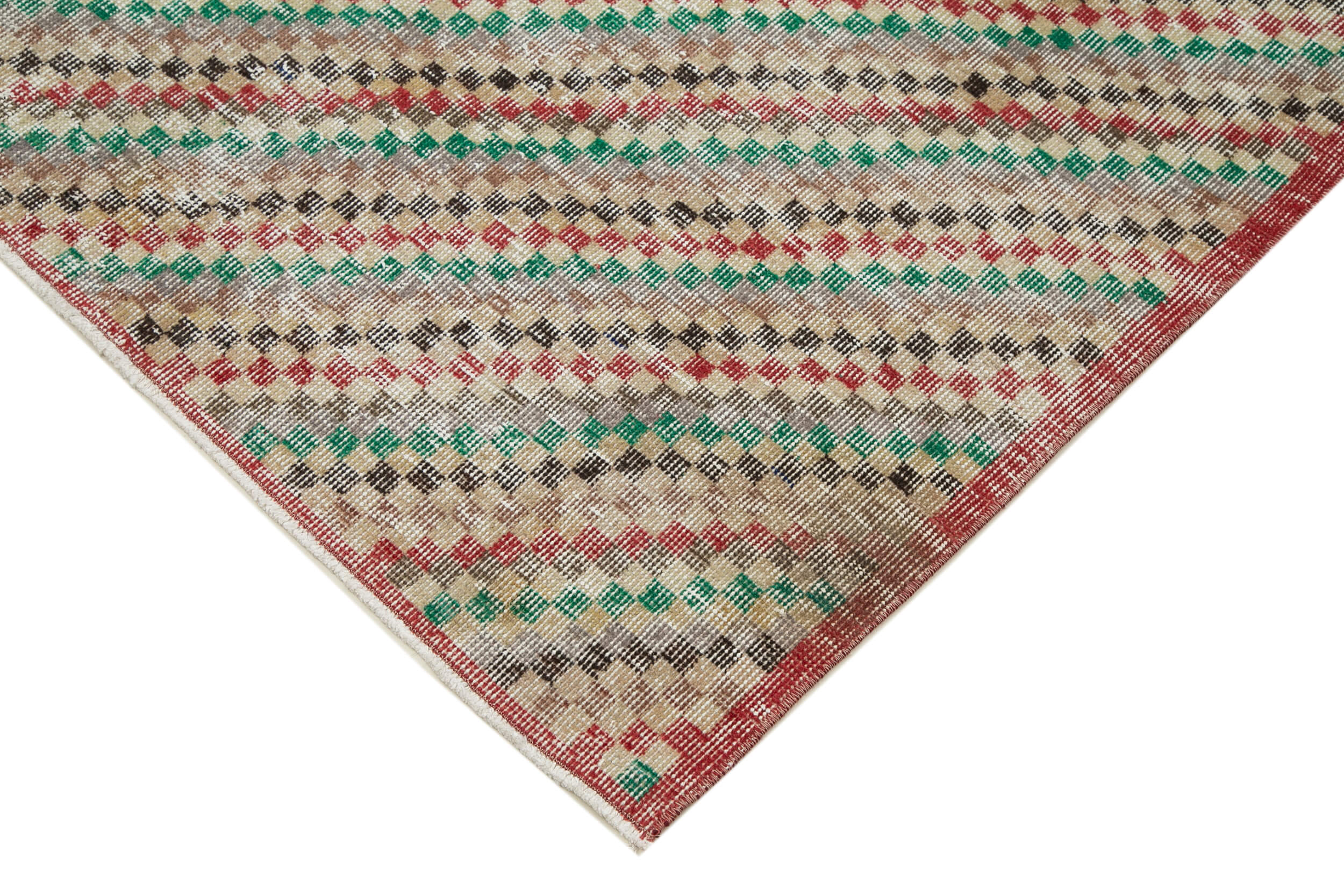 Vintage Wool Area Rug | Turkish Hand Knotted Checkered Red Handmade Cotton Rug