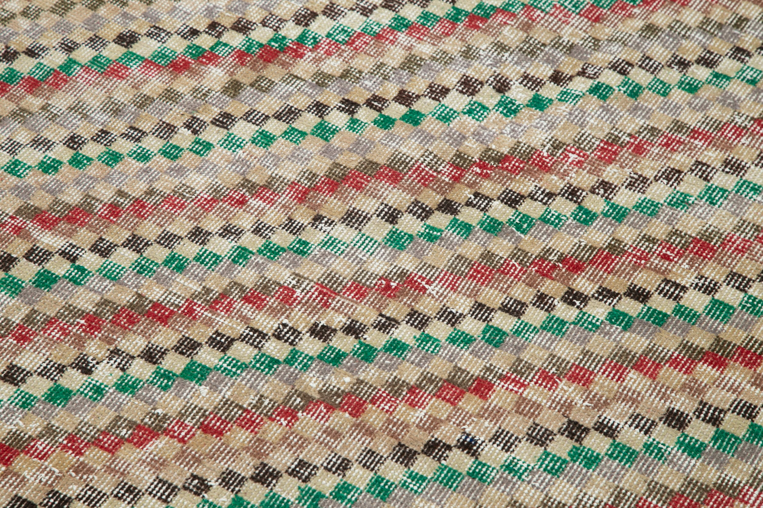 Vintage Wool Area Rug | Turkish Hand Knotted Checkered Red Handmade Cotton Rug