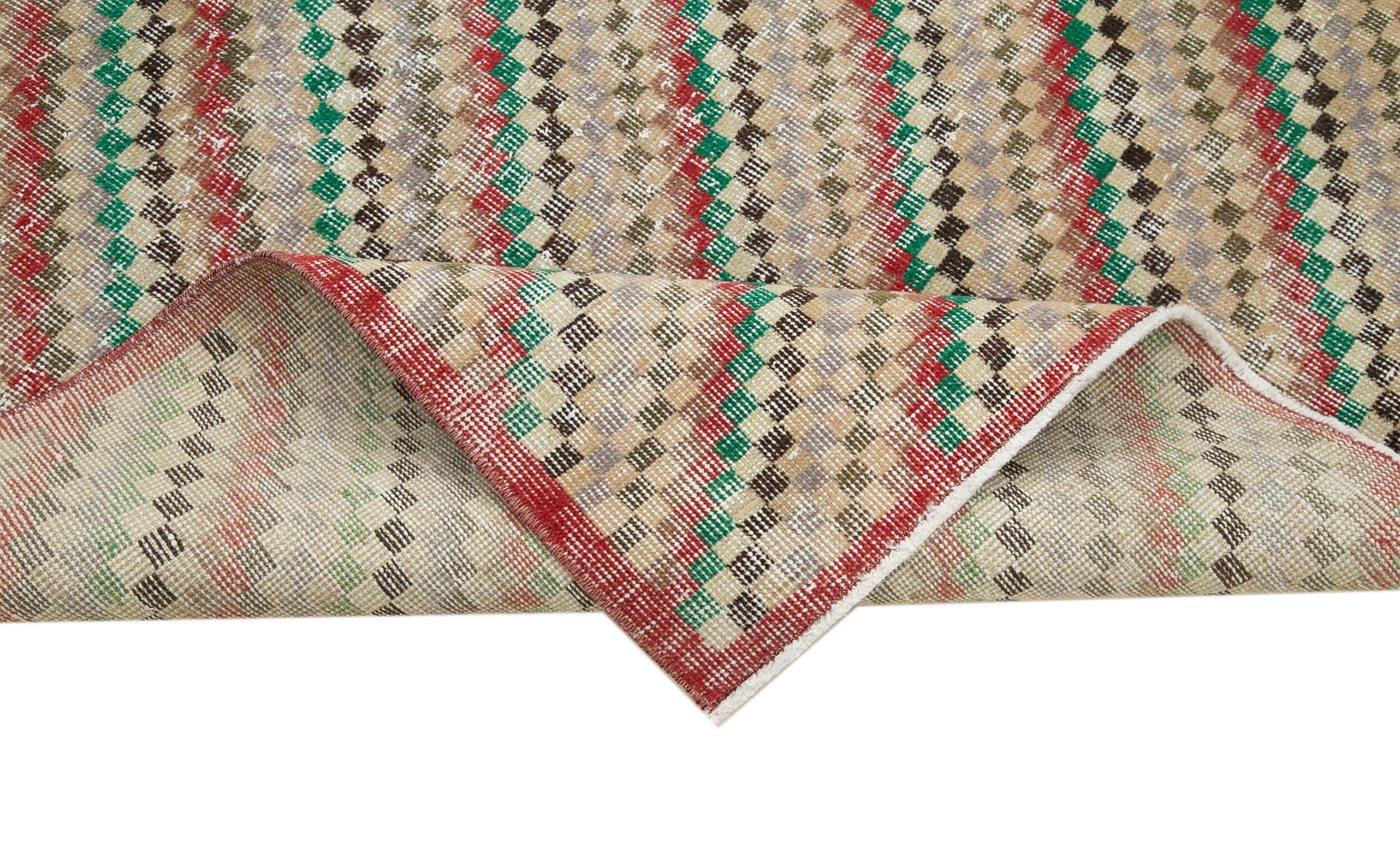 Vintage Wool Area Rug | Turkish Hand Knotted Checkered Red Handmade Cotton Rug