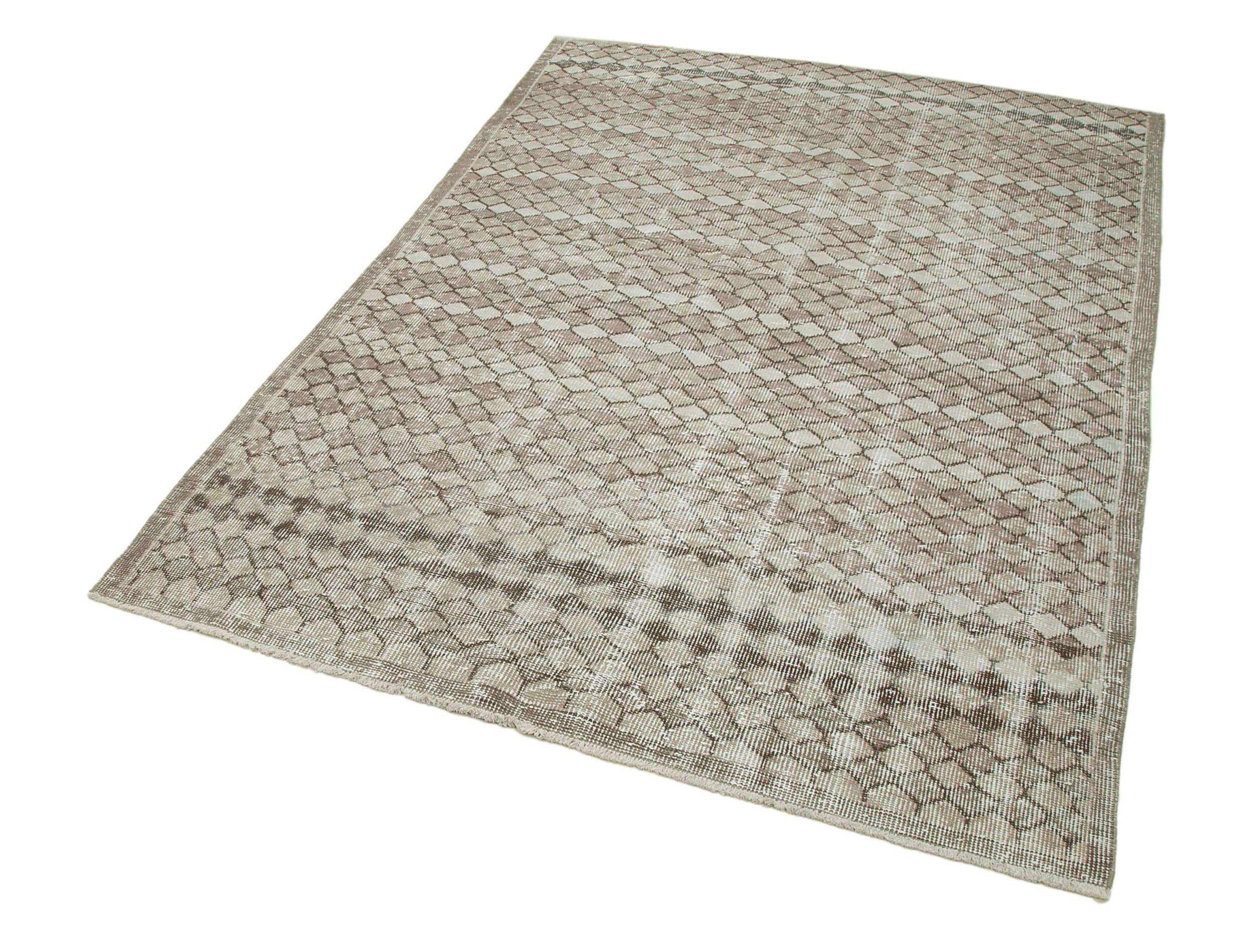 Vintage Area Rug - Handmade Wool Rug Turkish Hand Knotted Beige Checkered Carpet 4'9''x6'7''