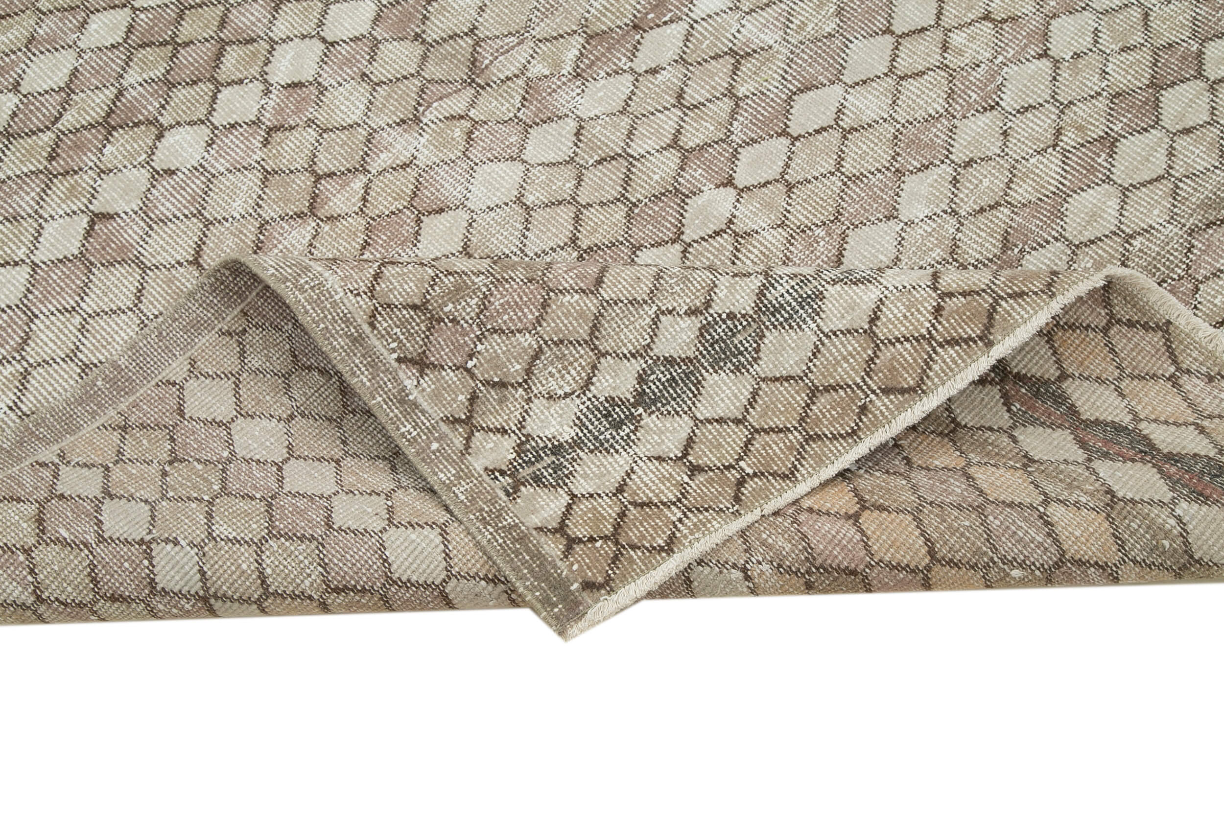 Vintage Area Rug - Handmade Wool Rug Turkish Hand Knotted Beige Checkered Carpet 4'9''x6'7''