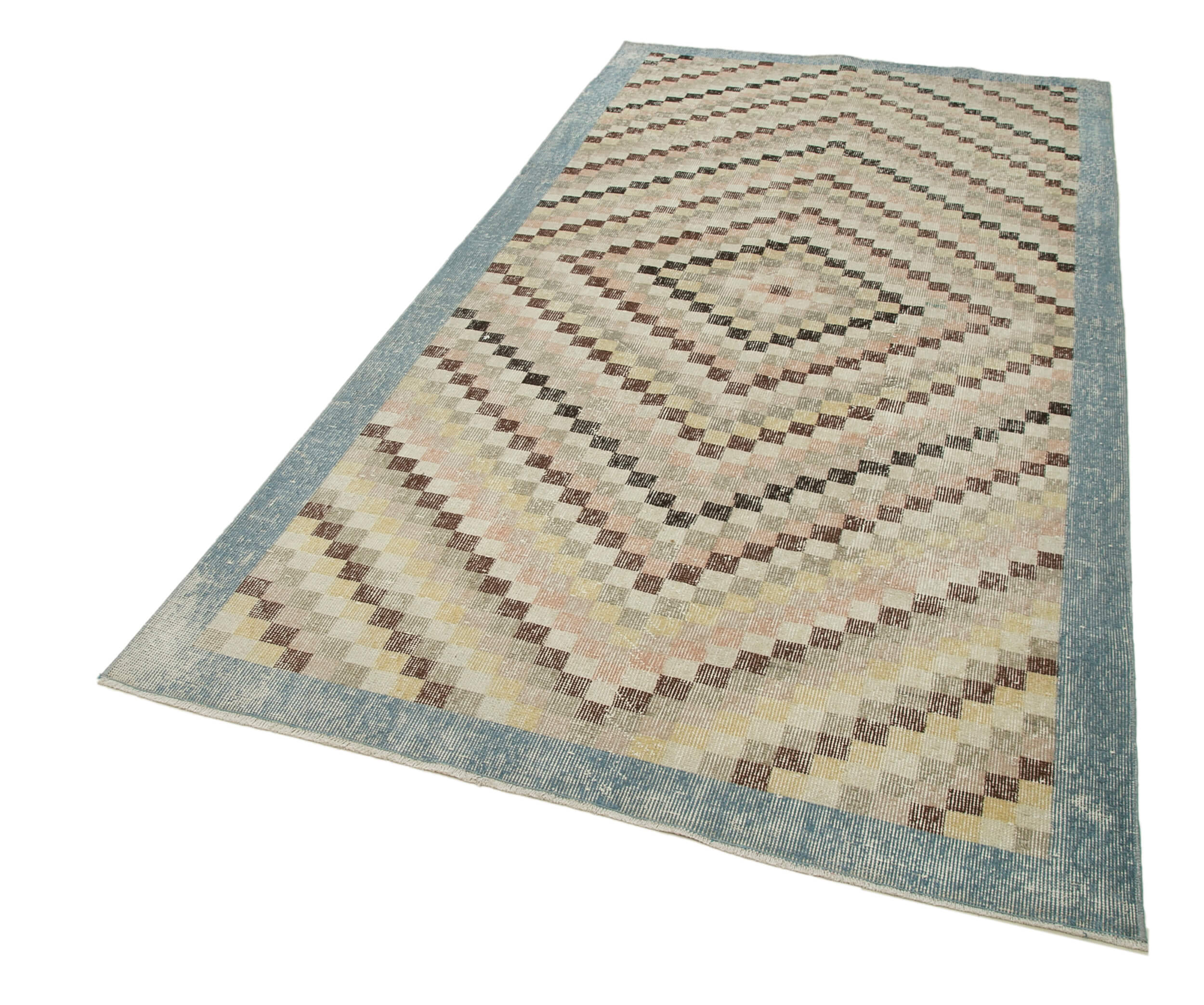 Handmade Area Rug – Checkered Kilim Beige Cotton Wool Vintage Carpet 4'8'' x 8'7''