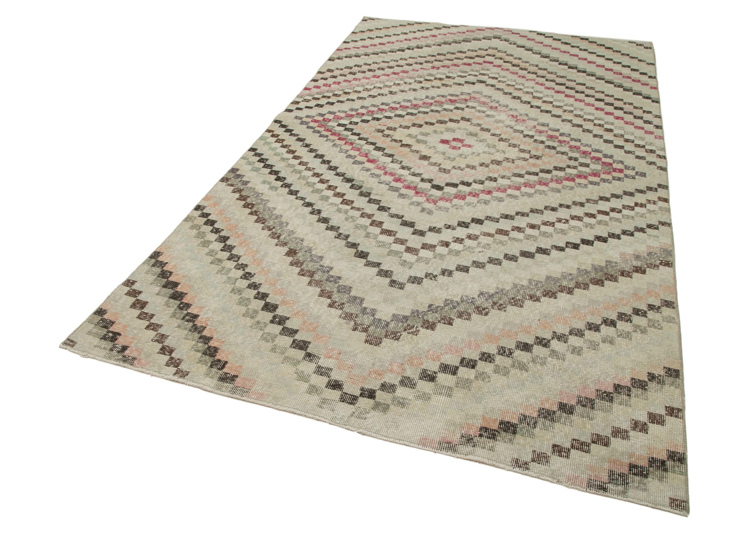 Handmade Wool Area Rug - Beige Checkered Kilim Cotton Wool Carpet 5'5''x9'8''
