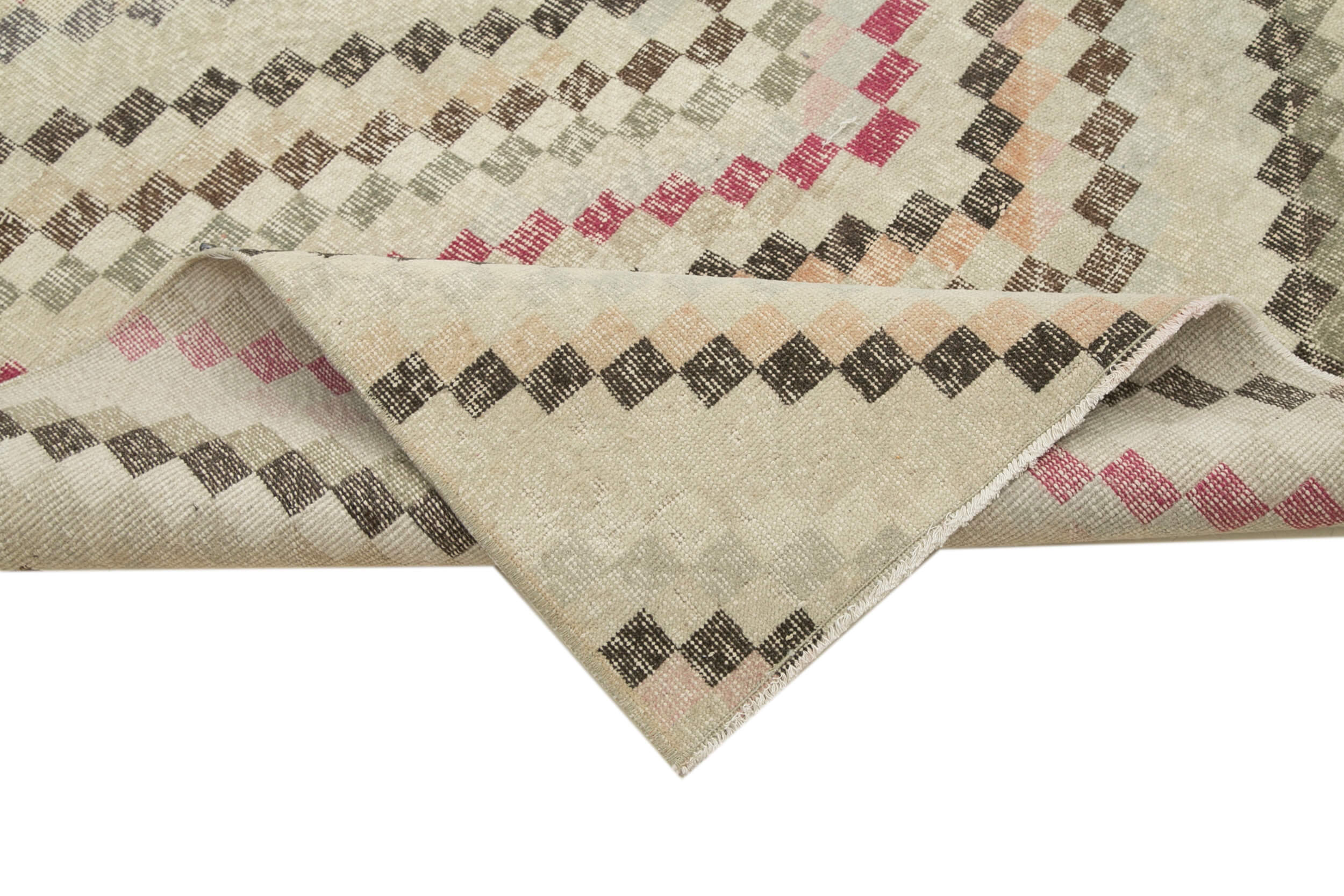Handmade Wool Area Rug - Beige Checkered Kilim Cotton Wool Carpet 5'5''x9'8''