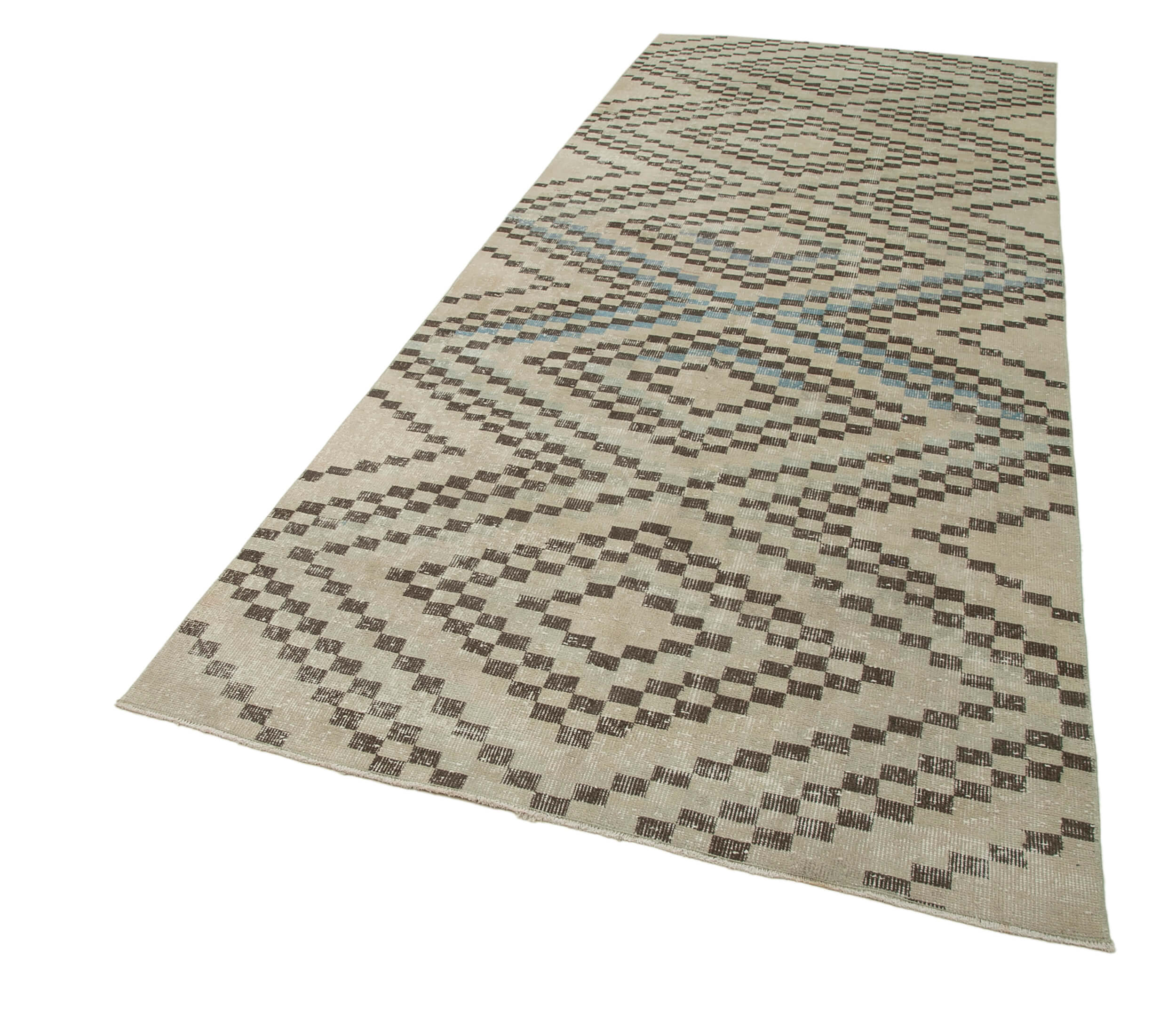 Handmade Area Rug – Checkered Runner Rug Cotton Wool 4'8''x11'5'' Beige Geometric Design