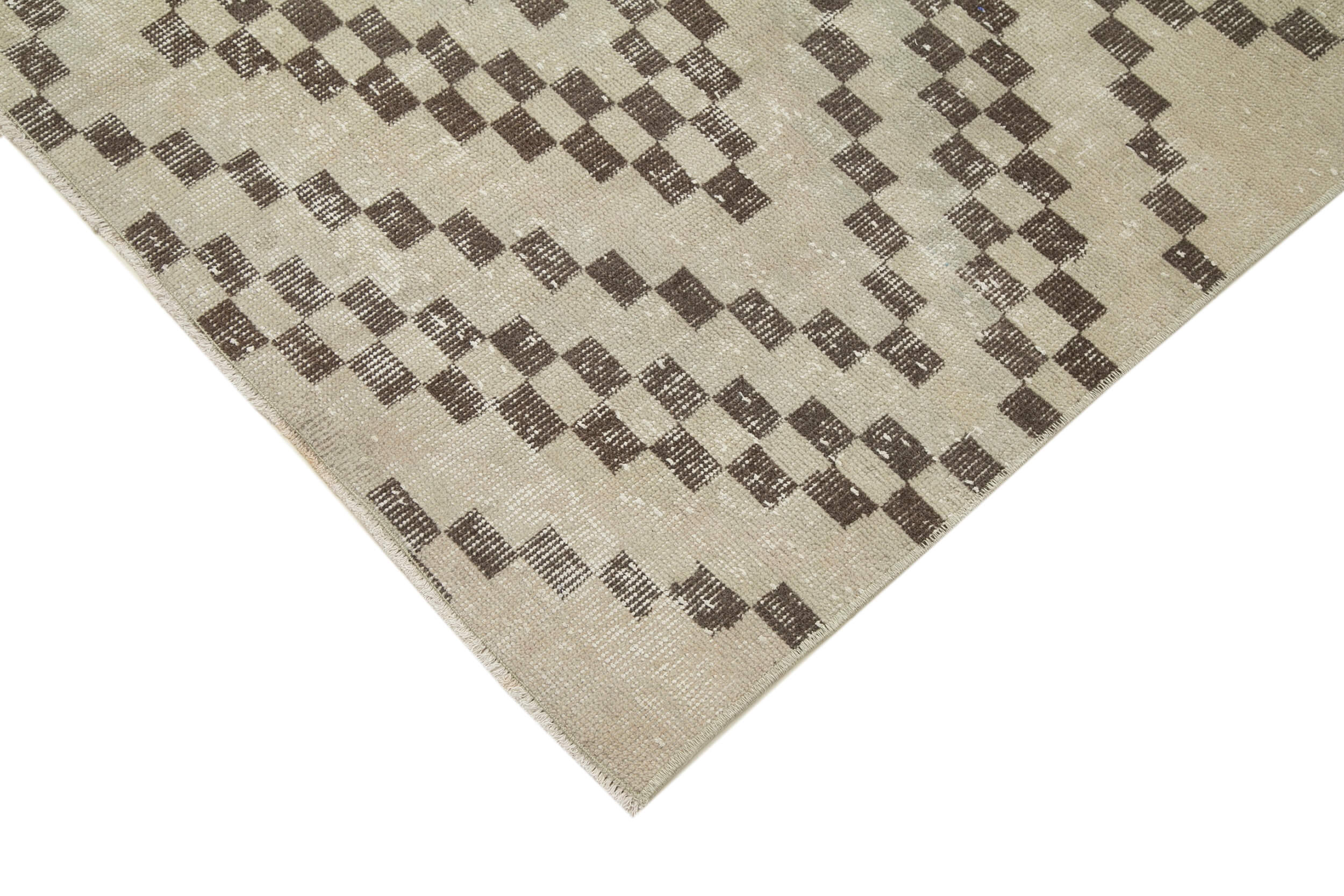 Handmade Area Rug – Checkered Runner Rug Cotton Wool 4'8''x11'5'' Beige Geometric Design