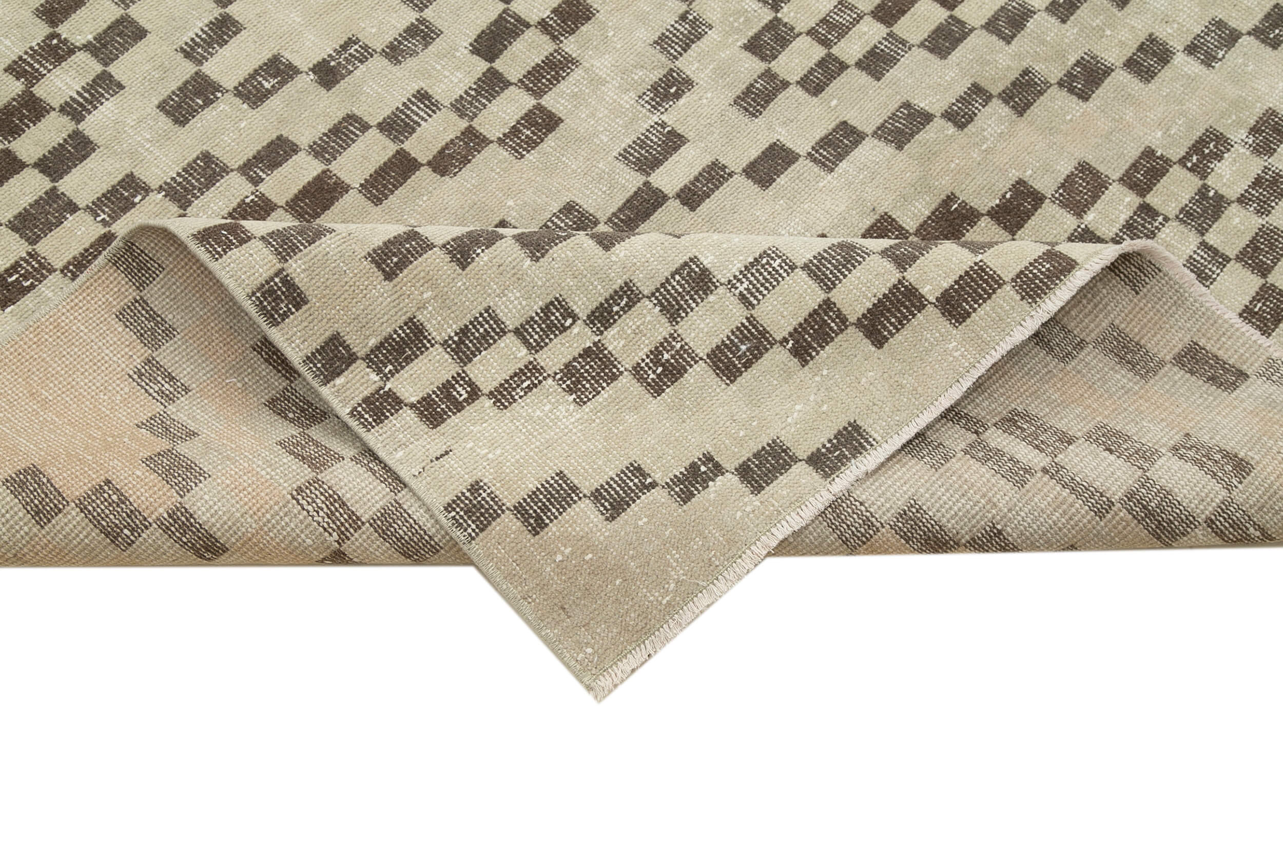 Handmade Area Rug – Checkered Runner Rug Cotton Wool 4'8''x11'5'' Beige Geometric Design