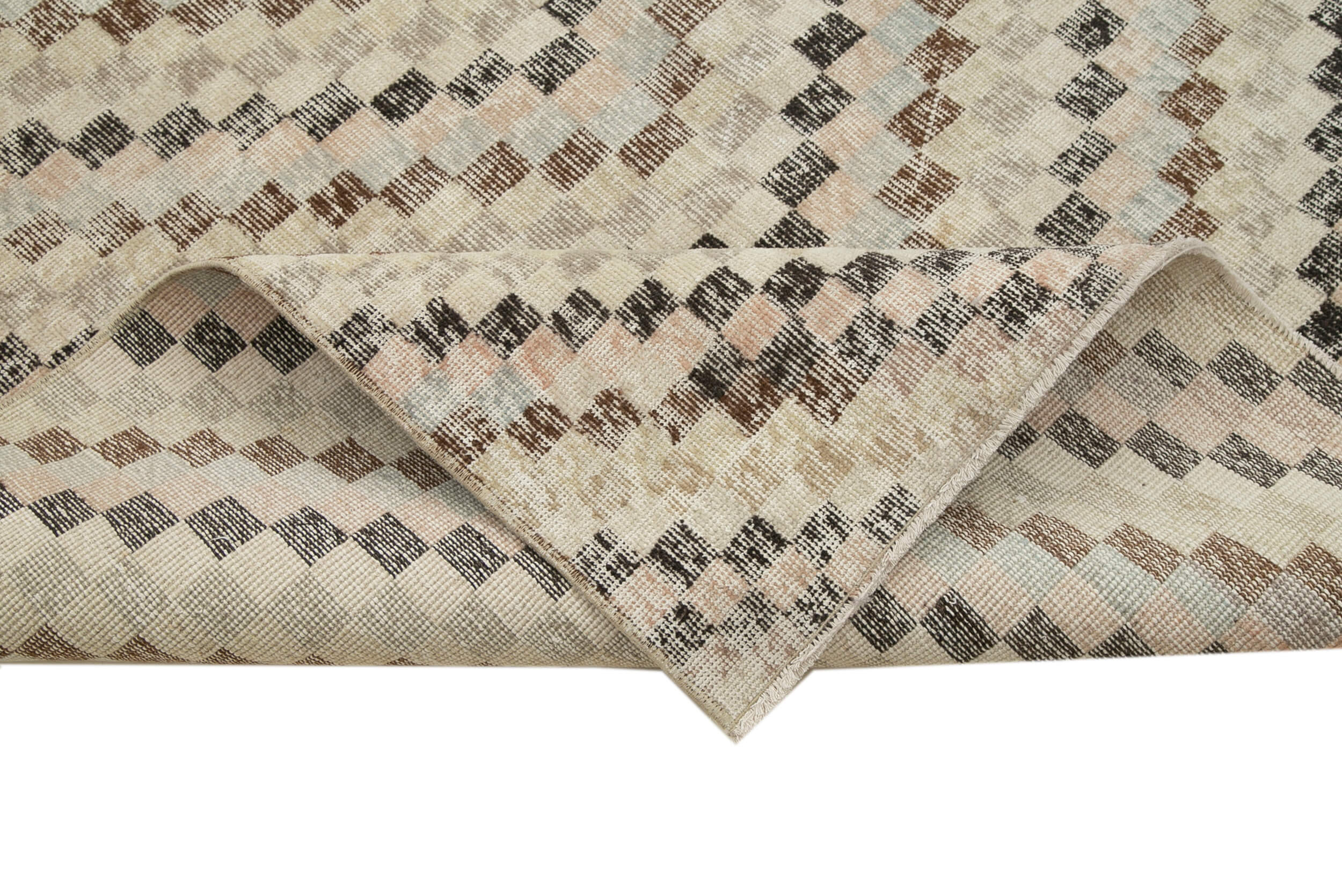 Handmade Area Rug - Checkered Kilim Beige Cotton Wool Flat Weave Design 5'4''x9'10''