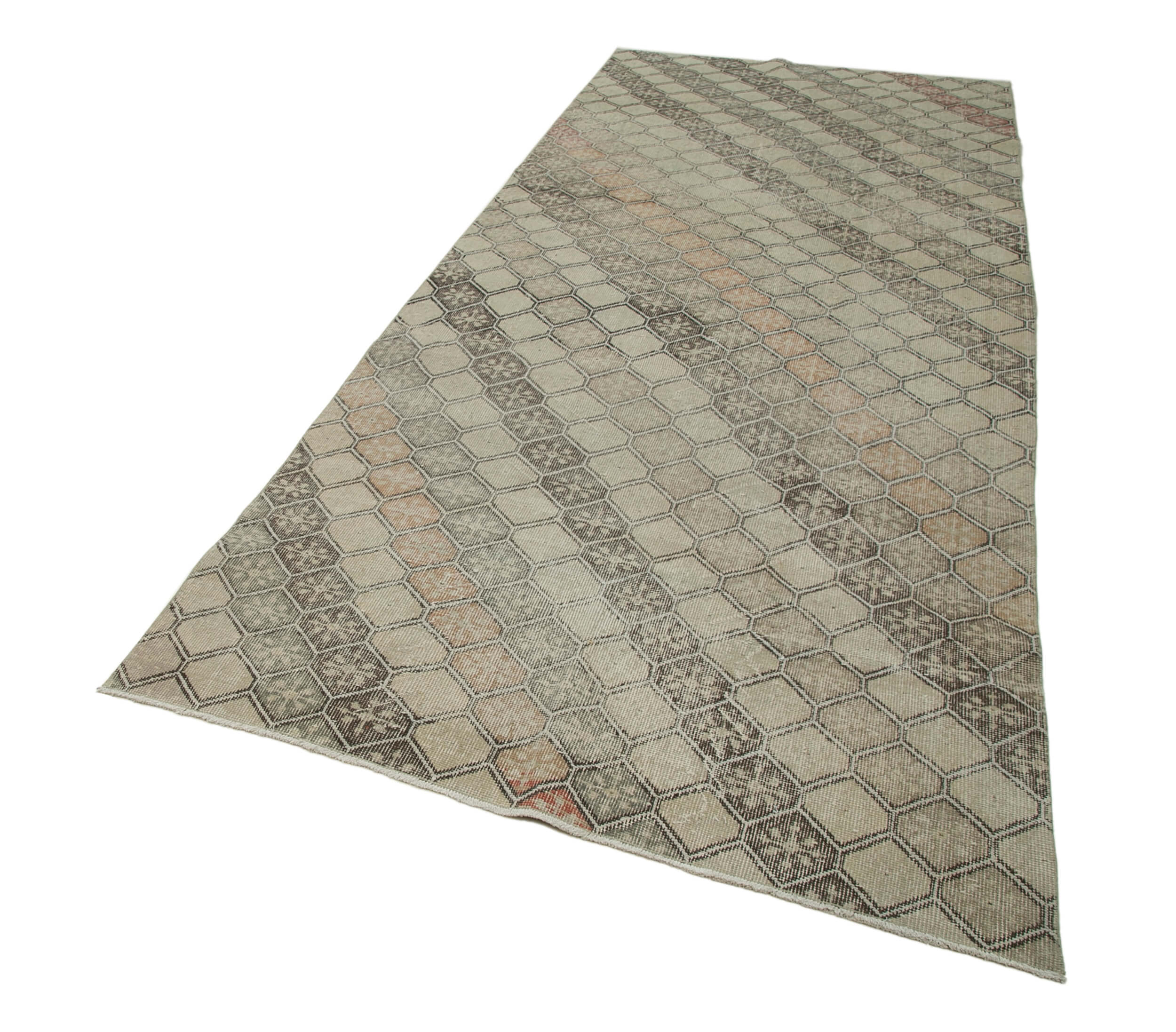 Handmade Area Rug - Checkered Runner Beige Cotton Wool Geometric Carpet 4'6''x11'2''