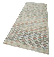 Handmade Area Rug - Checkered Runner Cotton Wool Rug 3'4''x9'1'' Beige Geometric