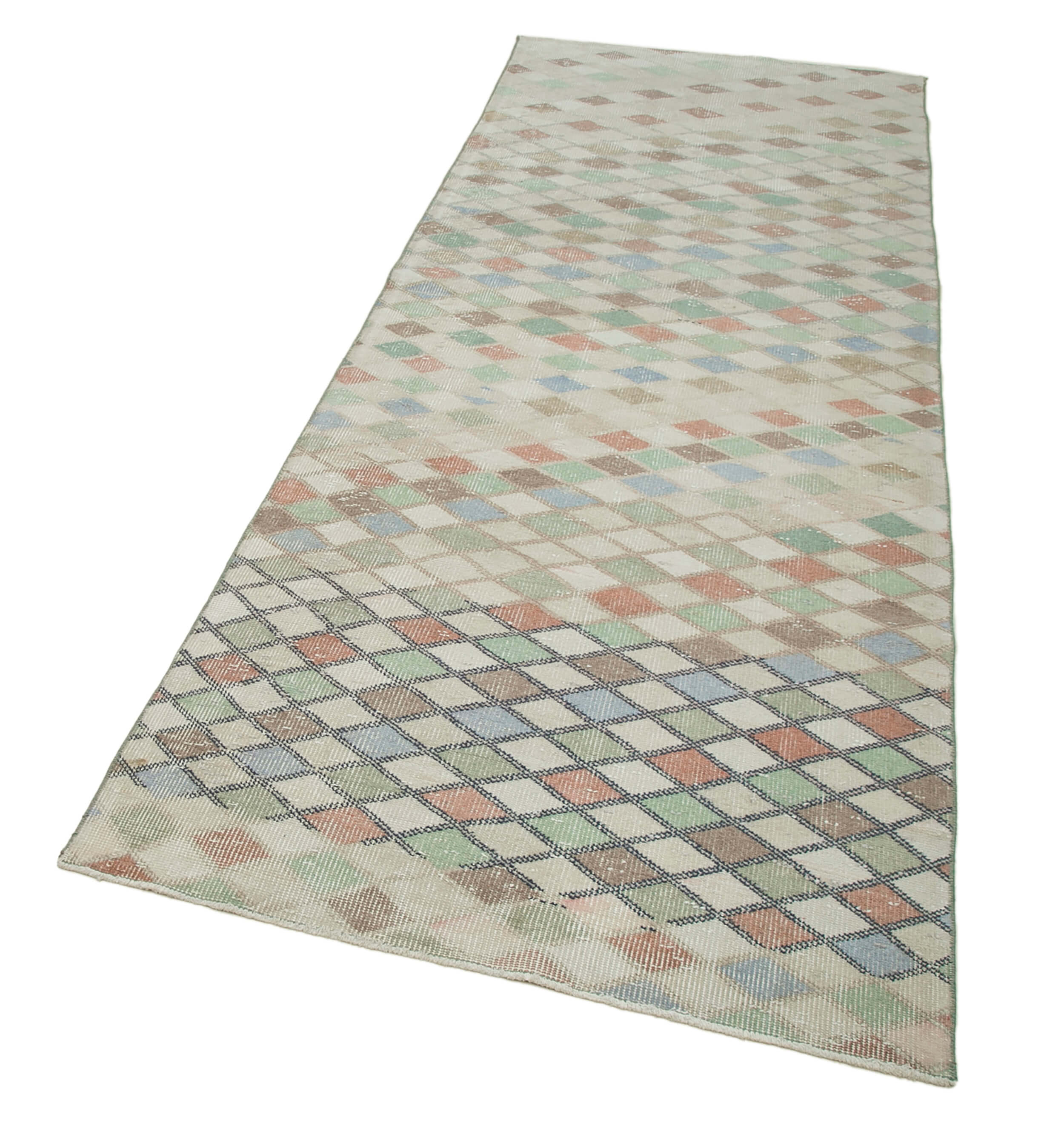 Handmade Area Rug - Checkered Runner Cotton Wool Rug 3'4''x9'1'' Beige Geometric