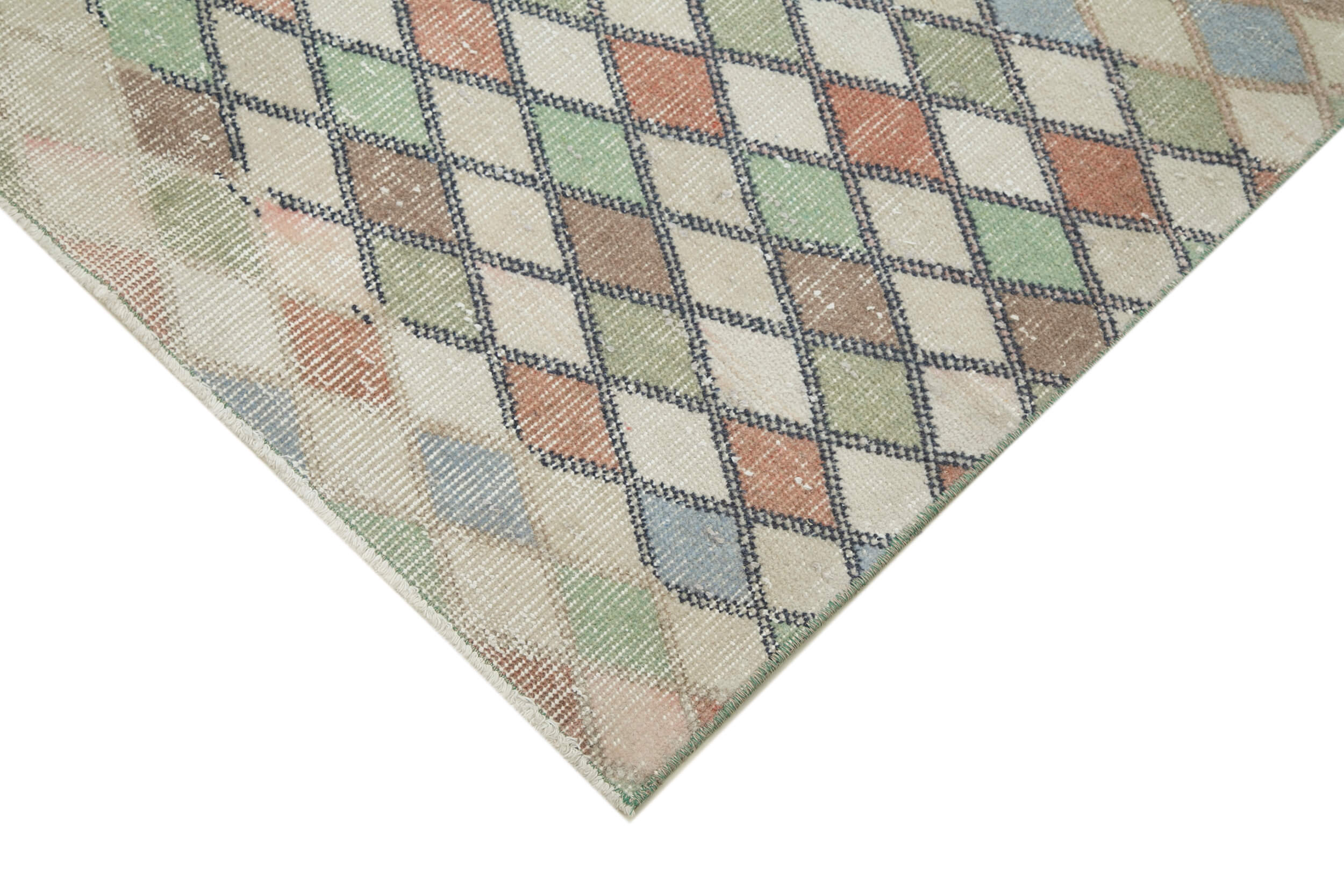 Handmade Area Rug - Checkered Runner Cotton Wool Rug 3'4''x9'1'' Beige Geometric