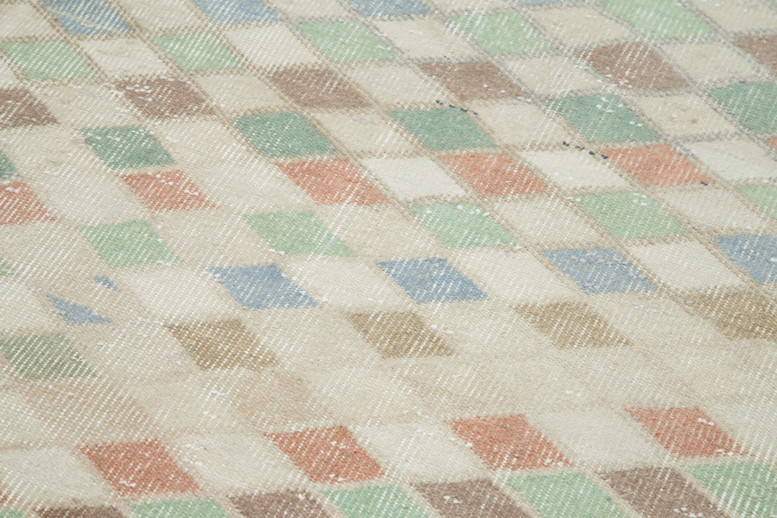 Handmade Area Rug - Checkered Runner Cotton Wool Rug 3'4''x9'1'' Beige Geometric