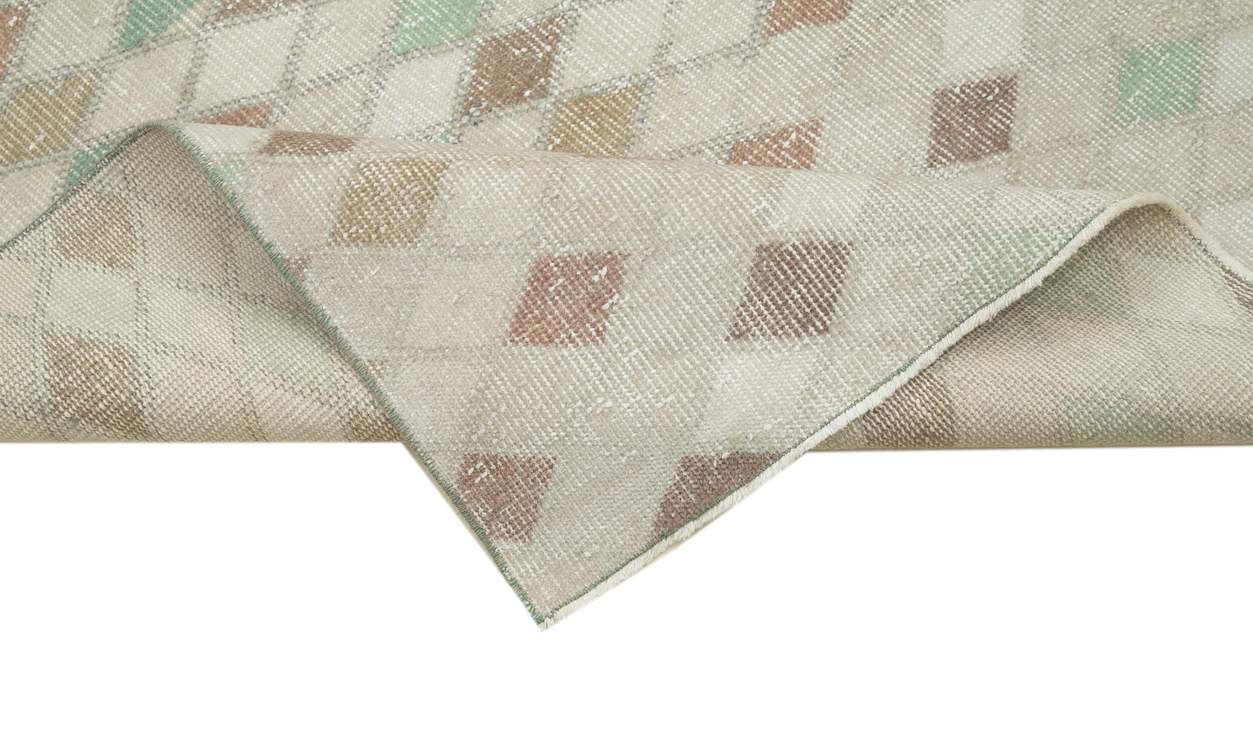 Handmade Area Rug - Checkered Runner Cotton Wool Rug 3'4''x9'1'' Beige Geometric