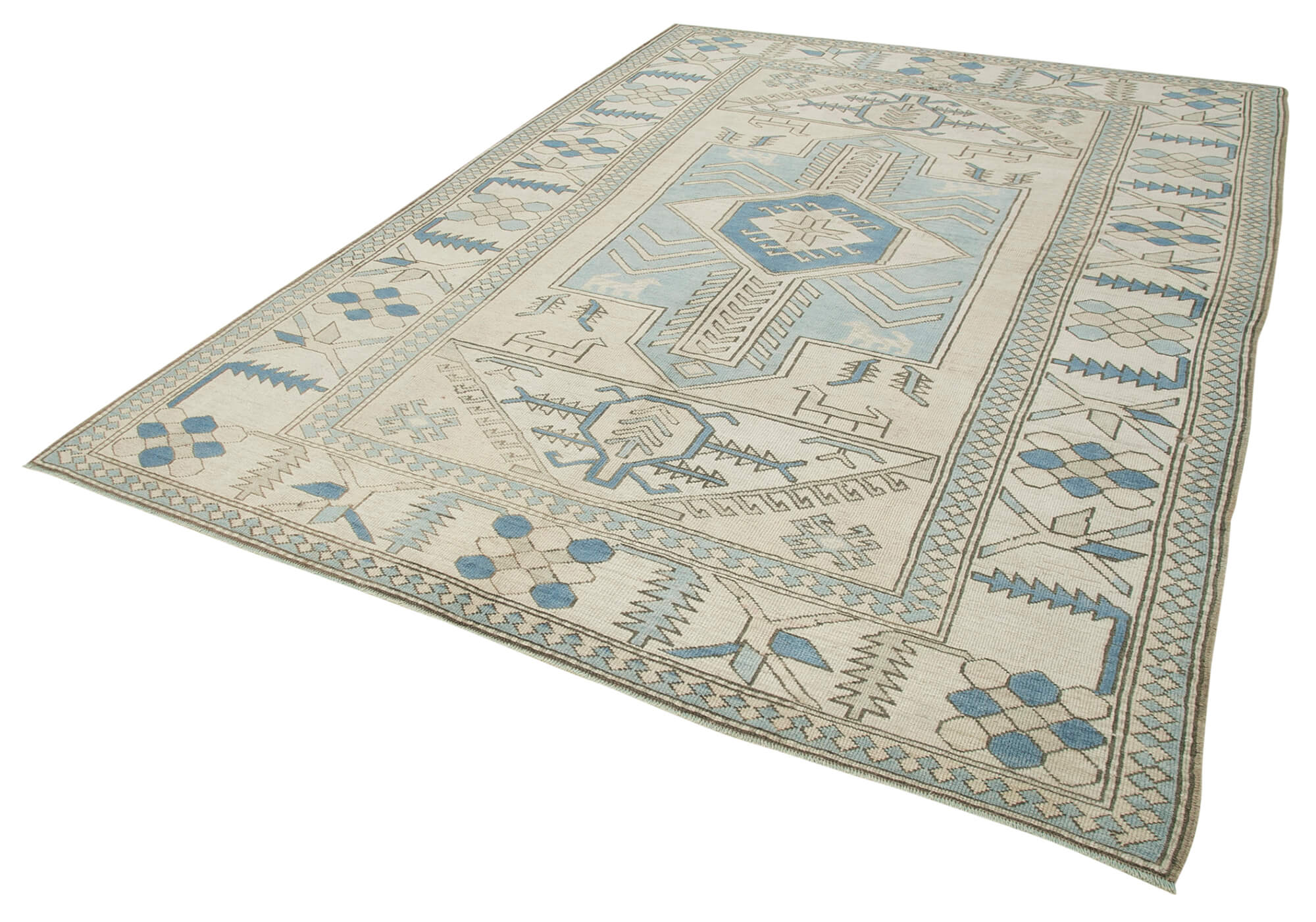 Handmade Area Rug - Blue Classic Cotton Wool 7x10 Vintage Turkish Carpet