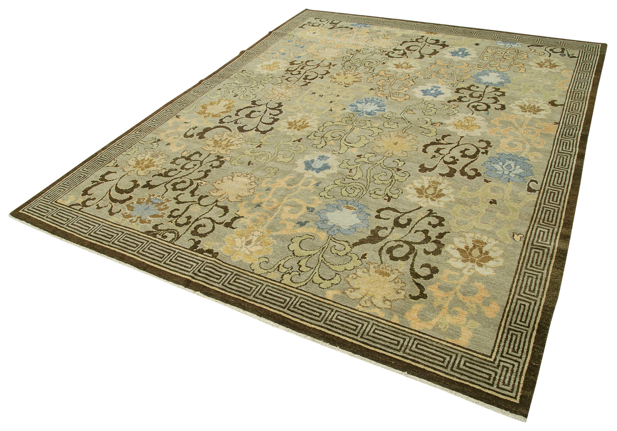 Handmade Wool Area Rug – Tebriz Green Classic Cotton Carpet, Vintage Turkish Rug 8'0"x9'11"