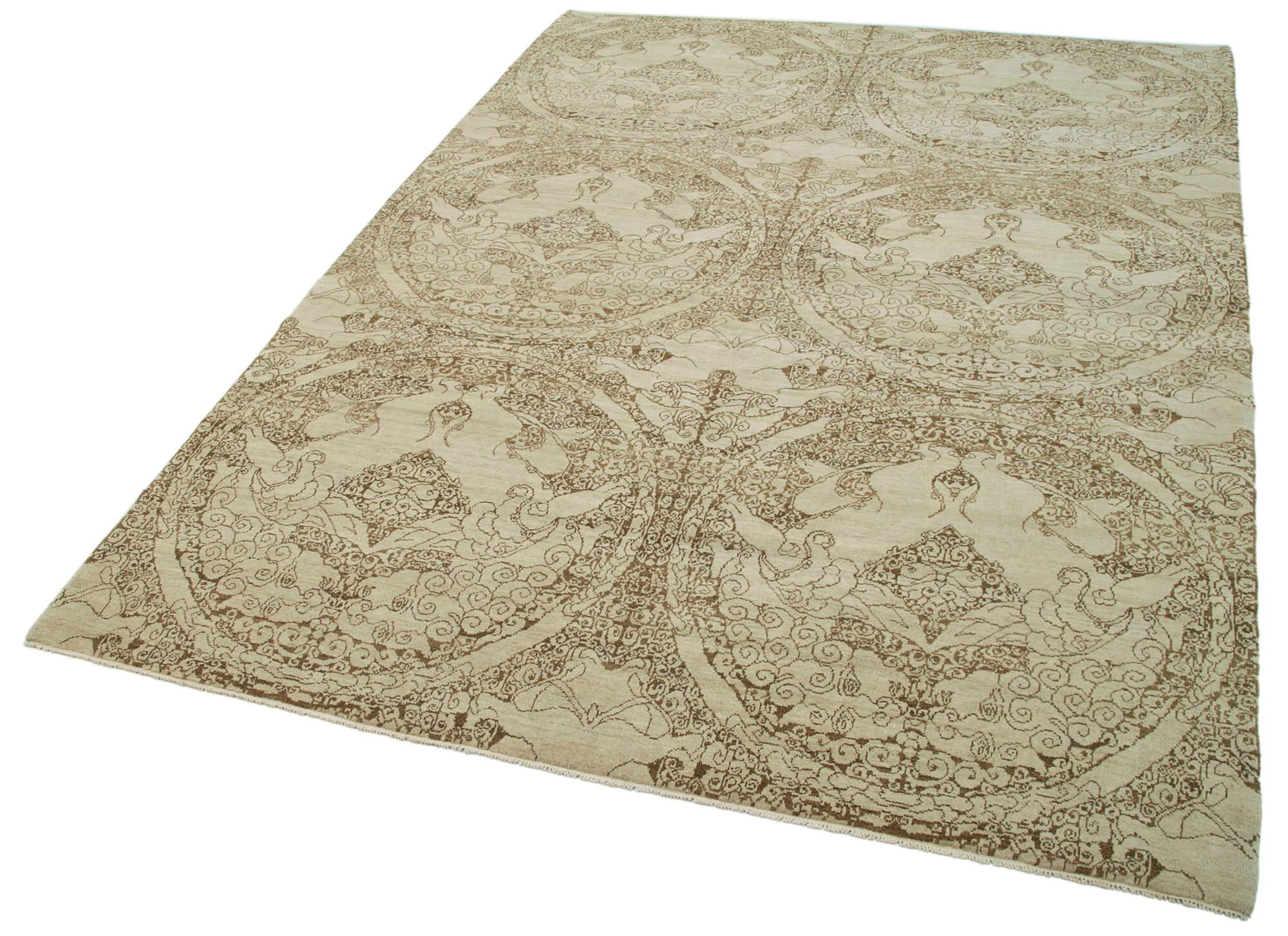 Handmade Wool Area Rug – Tebriz Classic Beige Cotton Wool 6x9 Vintage Turkish Woven Carpet