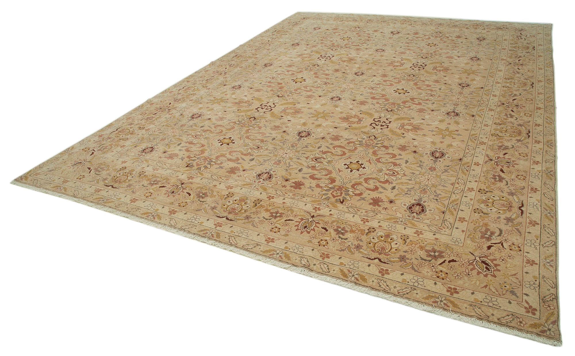 Handmade Wool Area Rug - Tebriz Classic Beige Turkish Hand Knotted Carpet 9'11''x13'9''